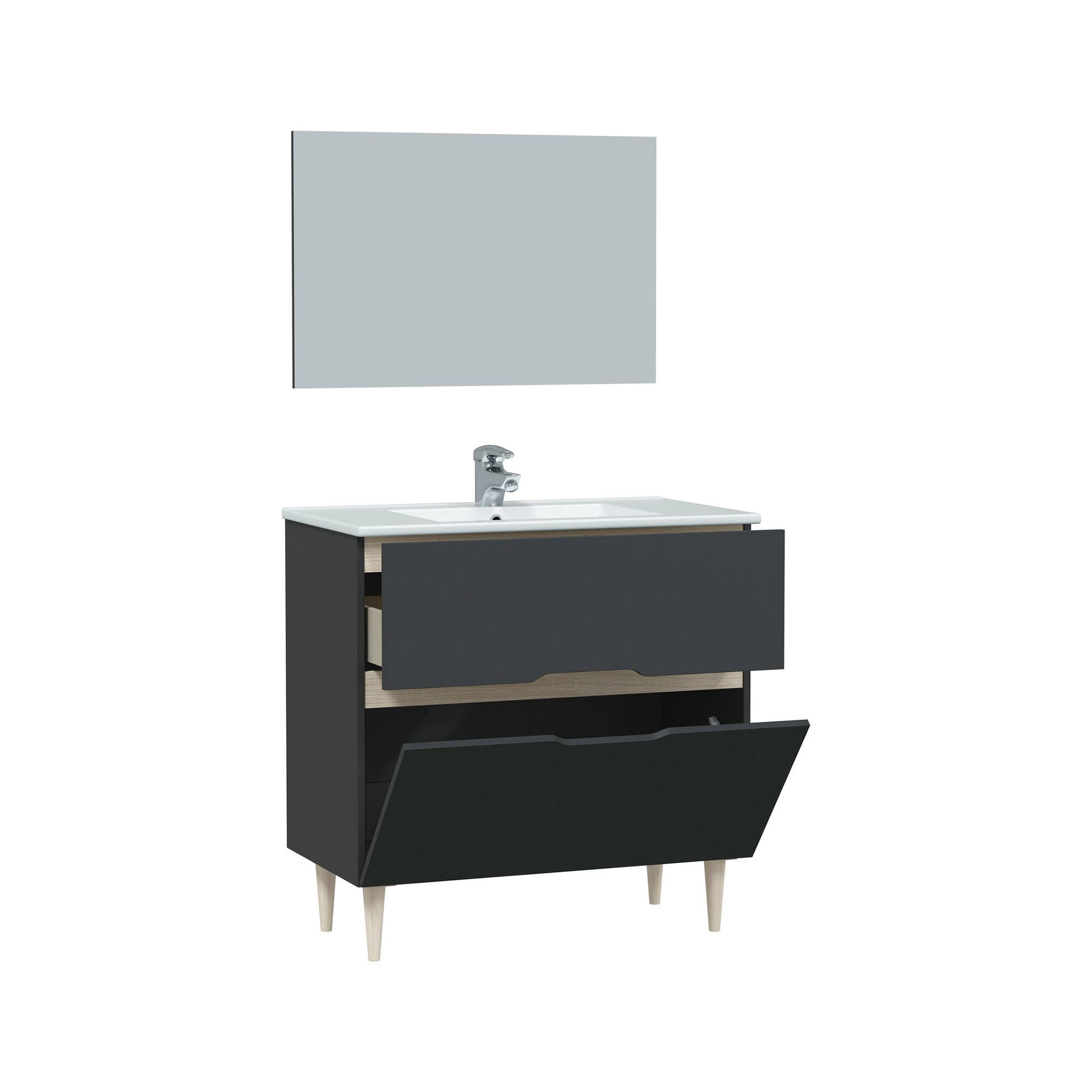 Mobile sottolavabo Avona, Sotto lavabo bagno, Mobiletto da bagno con specchio, Lavabo non incluso, 80x45h80 cm, Antracite e Rovere