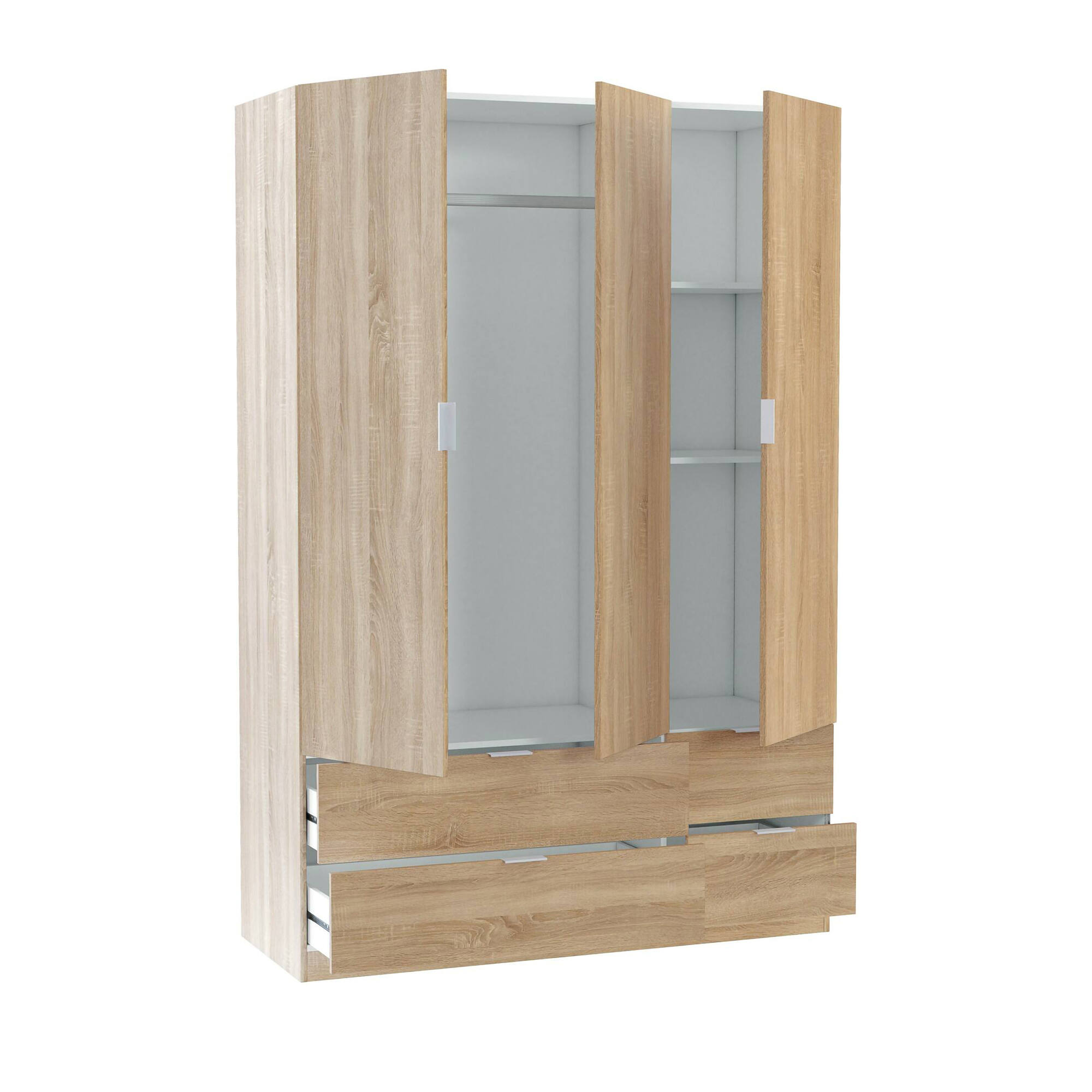 Guardaroba Ababala, Mobile camera da letto a 3 ante e 2 cassetti, Armadio appendiabiti, 135x52h200 cm, Rovere