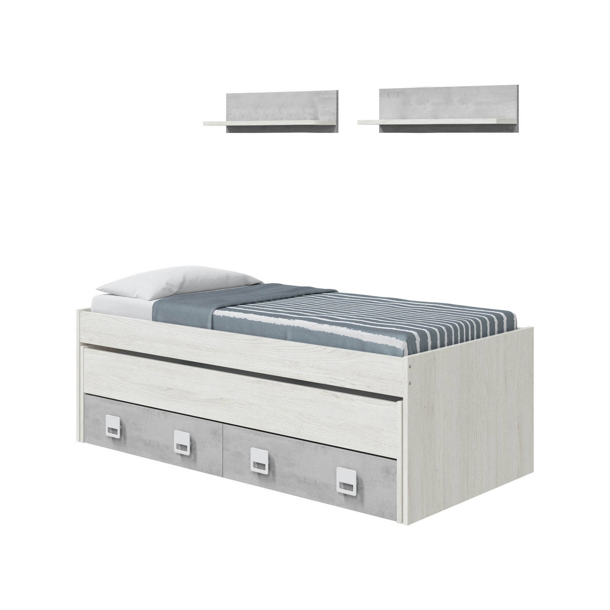 Letto per bambini Balzola, Struttura letto per cameretta, Letto singolo con lettino estraibile e 2 cassetti e 2 mensole, 199x96h65, Bianco e Cemento