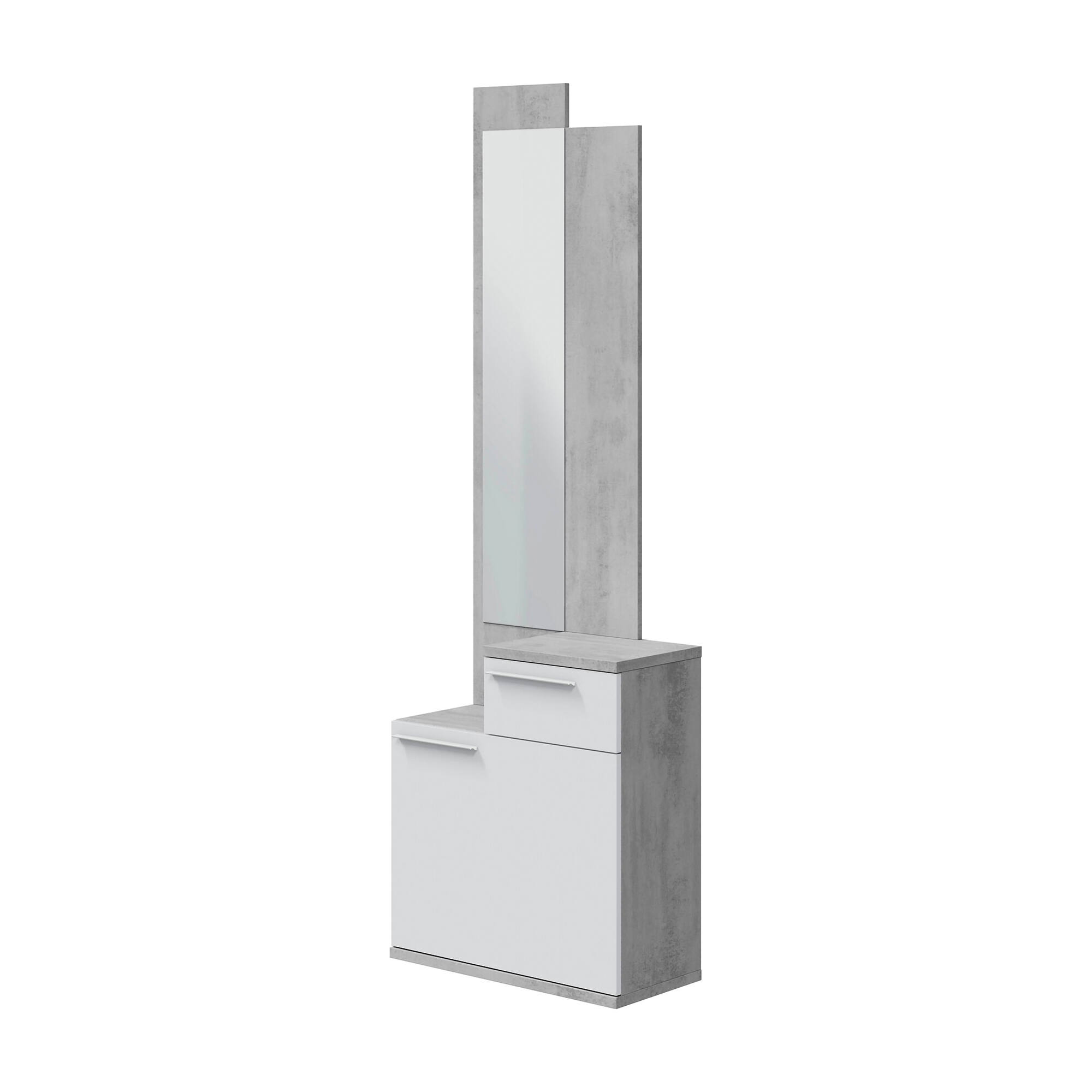 Mobile da ingresso Azzurro, Scarpiera multifunzione con specchio, Armadio a 1 anta e 1 cassetto, 61x28h185 cm, Cemento e Bianco lucido