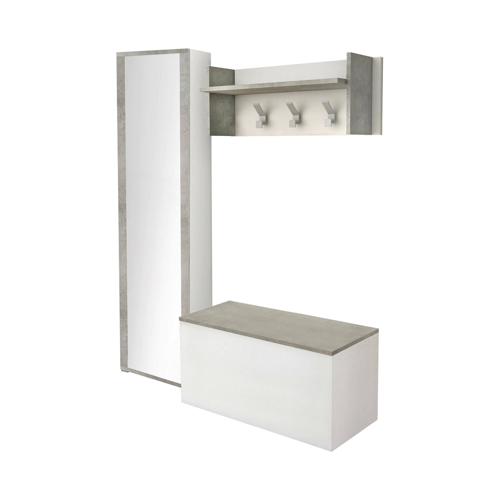 Mobile da ingresso Tanzanite, Entratina moderna con appendiabiti, Mobile con scarpiera, Armadietto con specchio, Cm 50x32h182, Bianco e Cemento