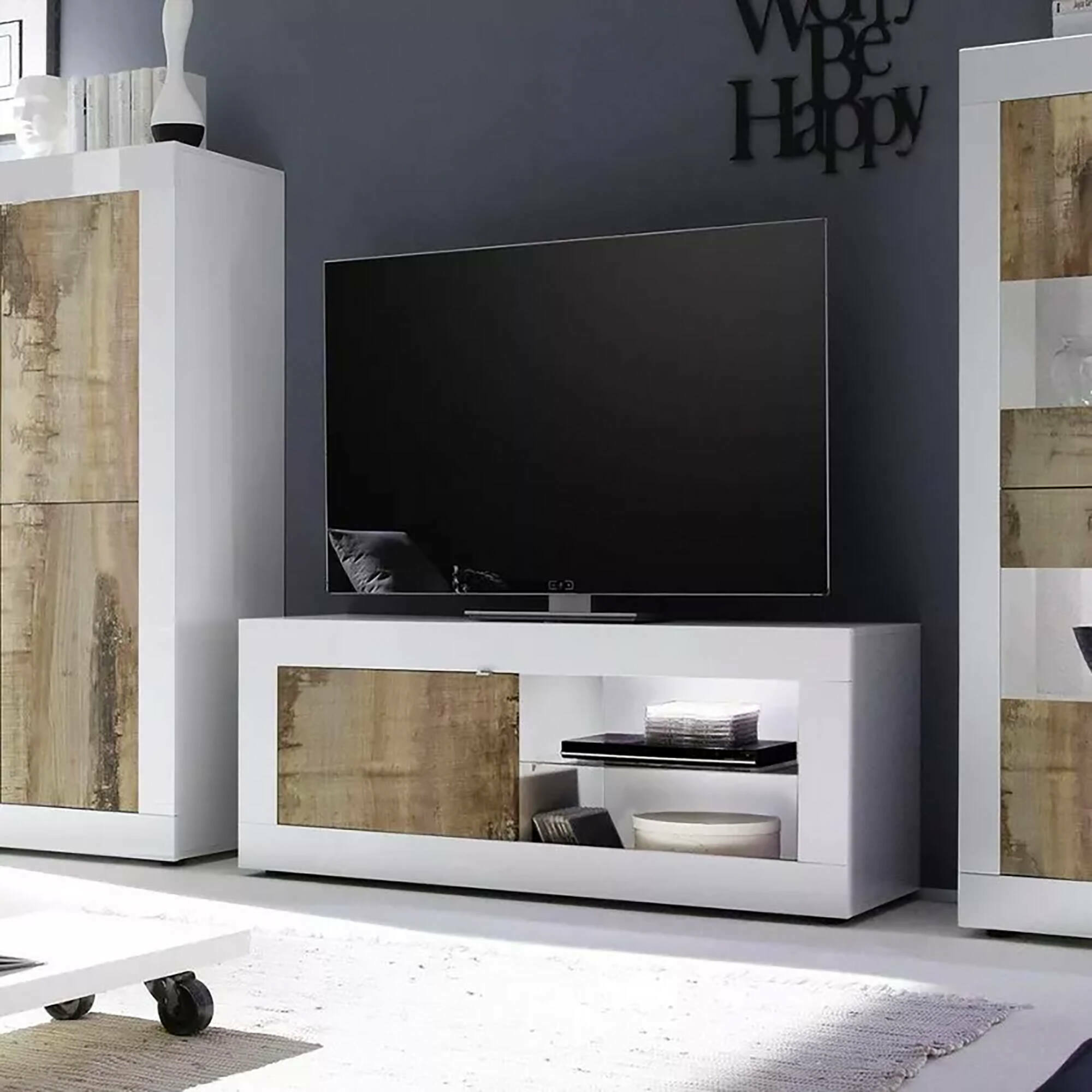 Mobile porta TV Hector, Credenza da soggiorno, Armadio basso per TV, Base parete attrezzata, Made in Italy, 140x43 h56 cm, Bianco e Acacia
