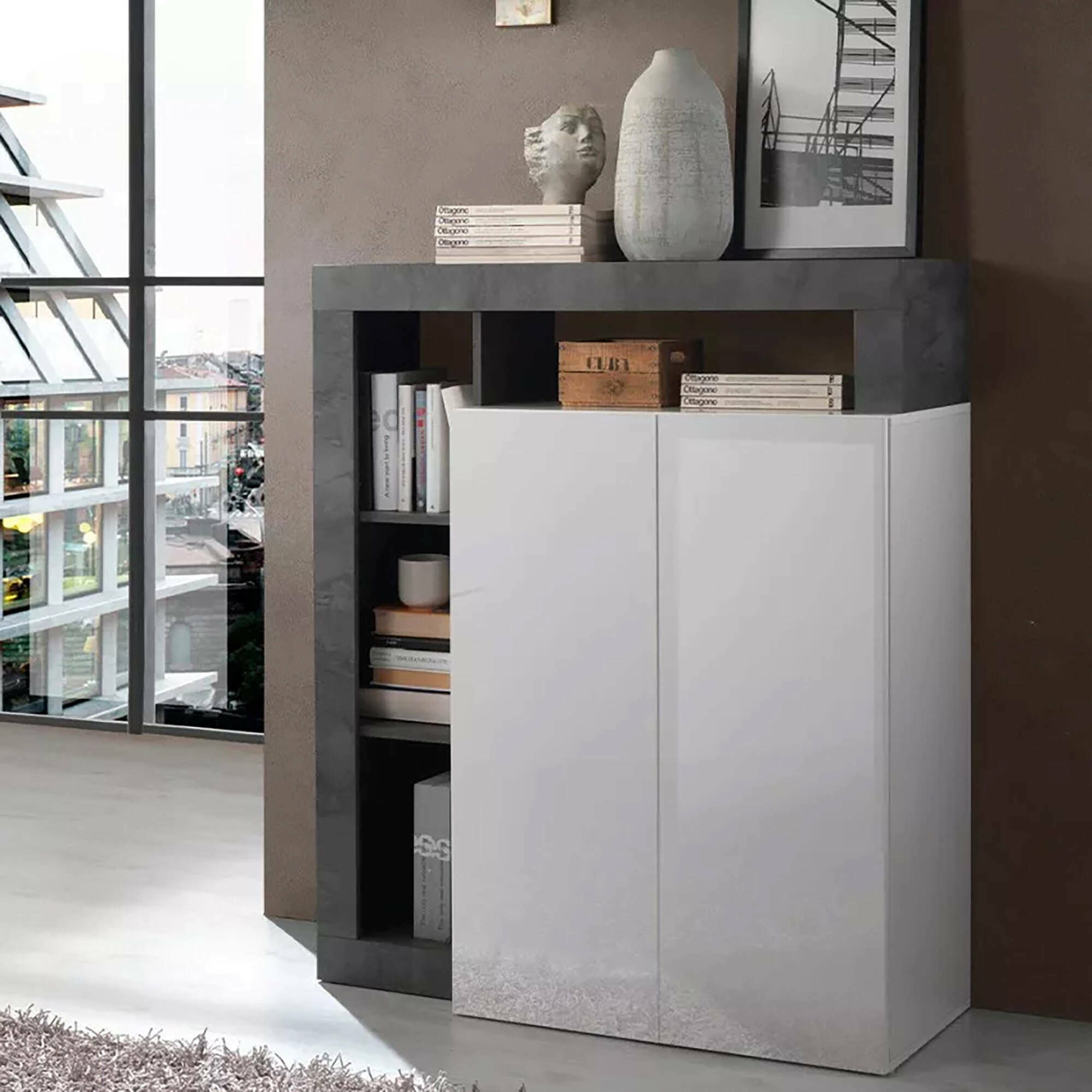 Credenza Smeraldo, Buffet da soggiorno, Madia da salotto, Dispensa da cucina, Made in Italy, 108x42 h127 cm, Bianco lucido e Ardesia