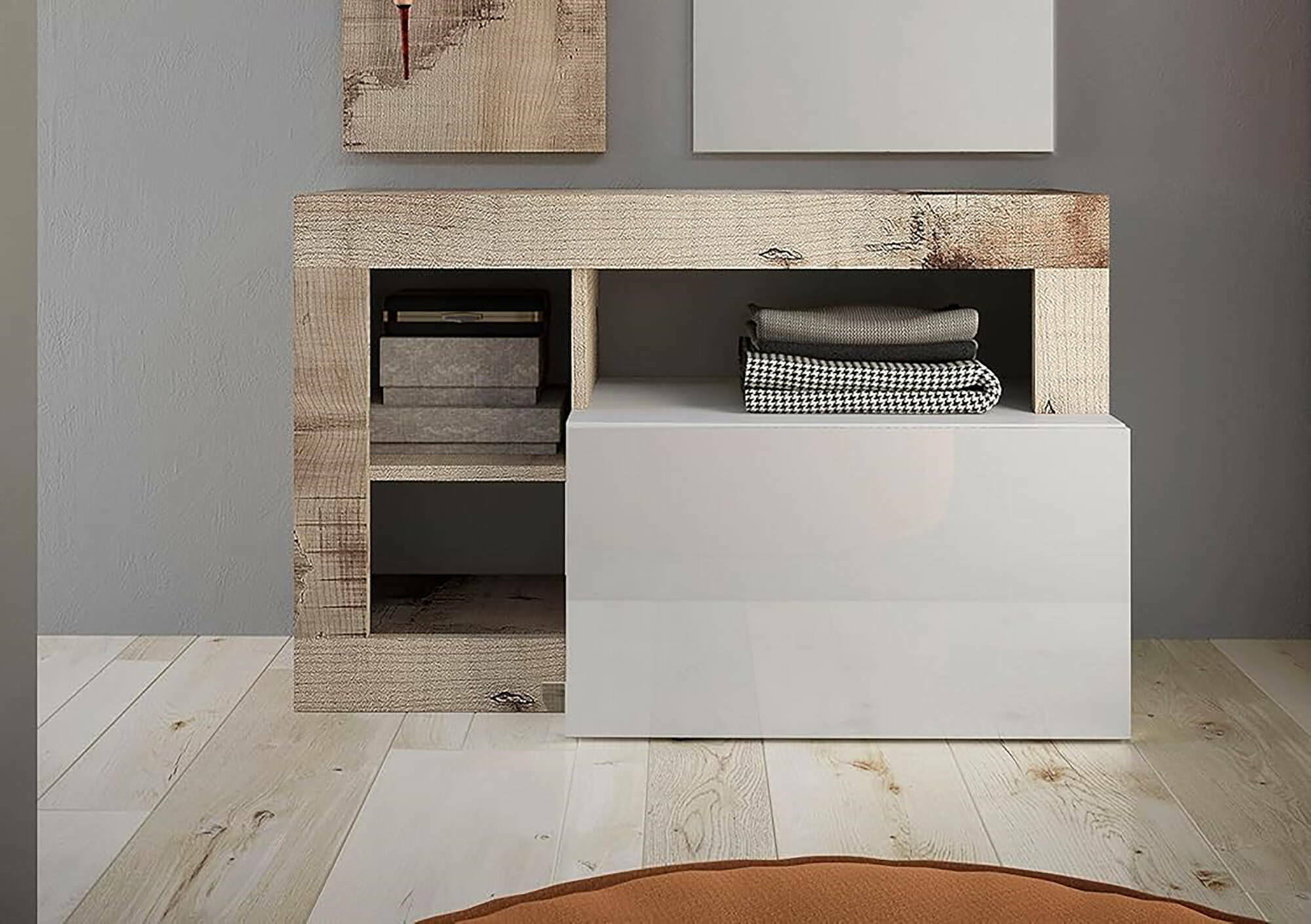 Scarpiera Adonide, Mobile portascarpe, Armadio da ingresso multiuso, Mobiletto per calzature, Made in Italy, 91x35 h58 cm, Bianco lucido e Acacia