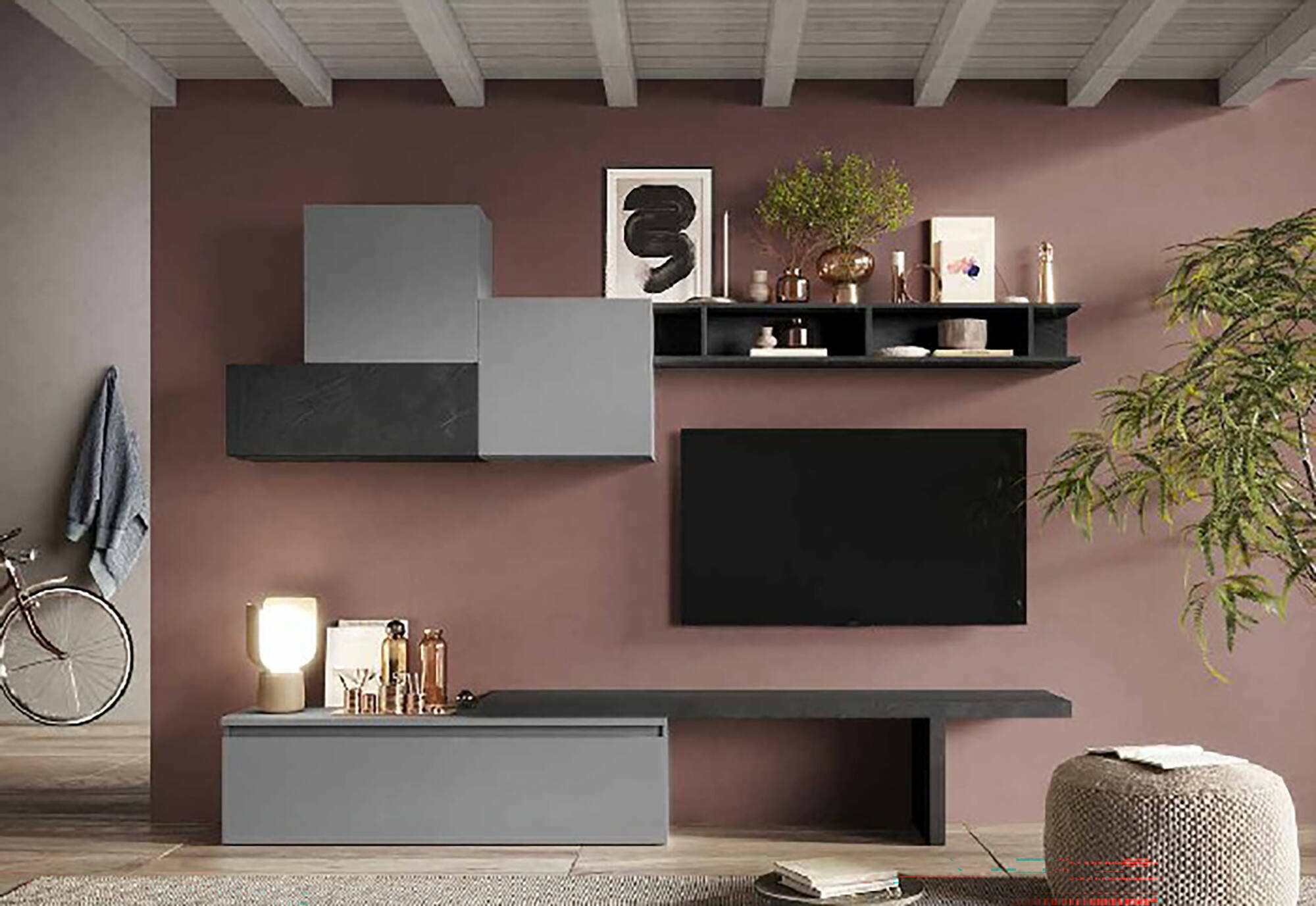 Parete attrezzata Larix, Composizione soggiorno, Mobile salotto multiuso, Armadio porta TV, Made in Italy, 262x40 h189 cm, Ardesia e Grigio scuro
