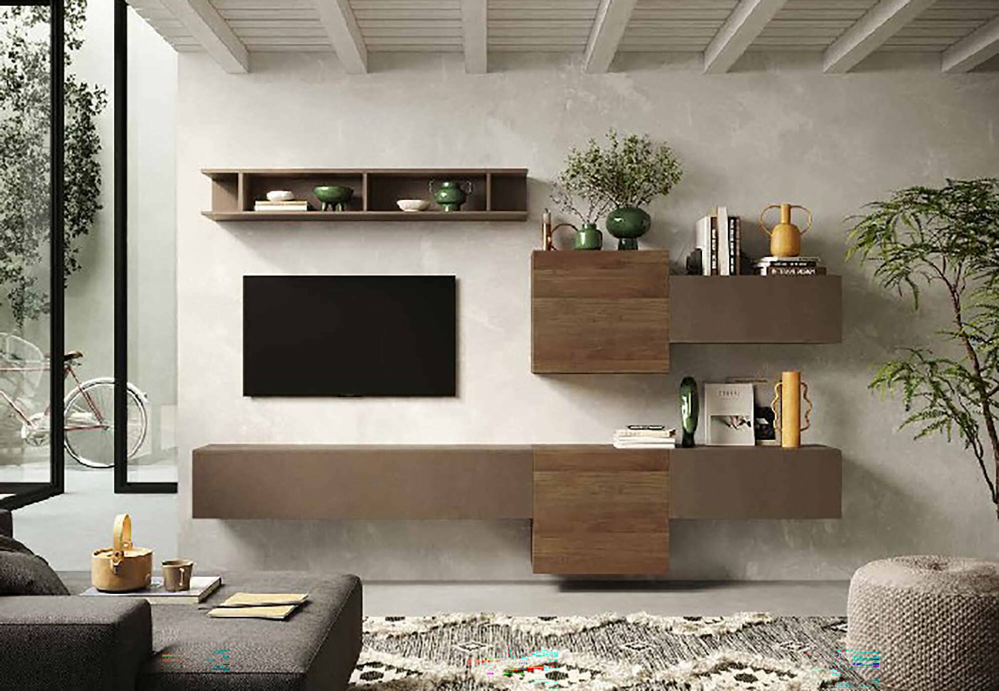 Parete attrezzata Tony, Composizione soggiorno, Mobile salotto multiuso, Armadio porta TV, Made in Italy, 262x30 h185 cm, Bronzo e Noce