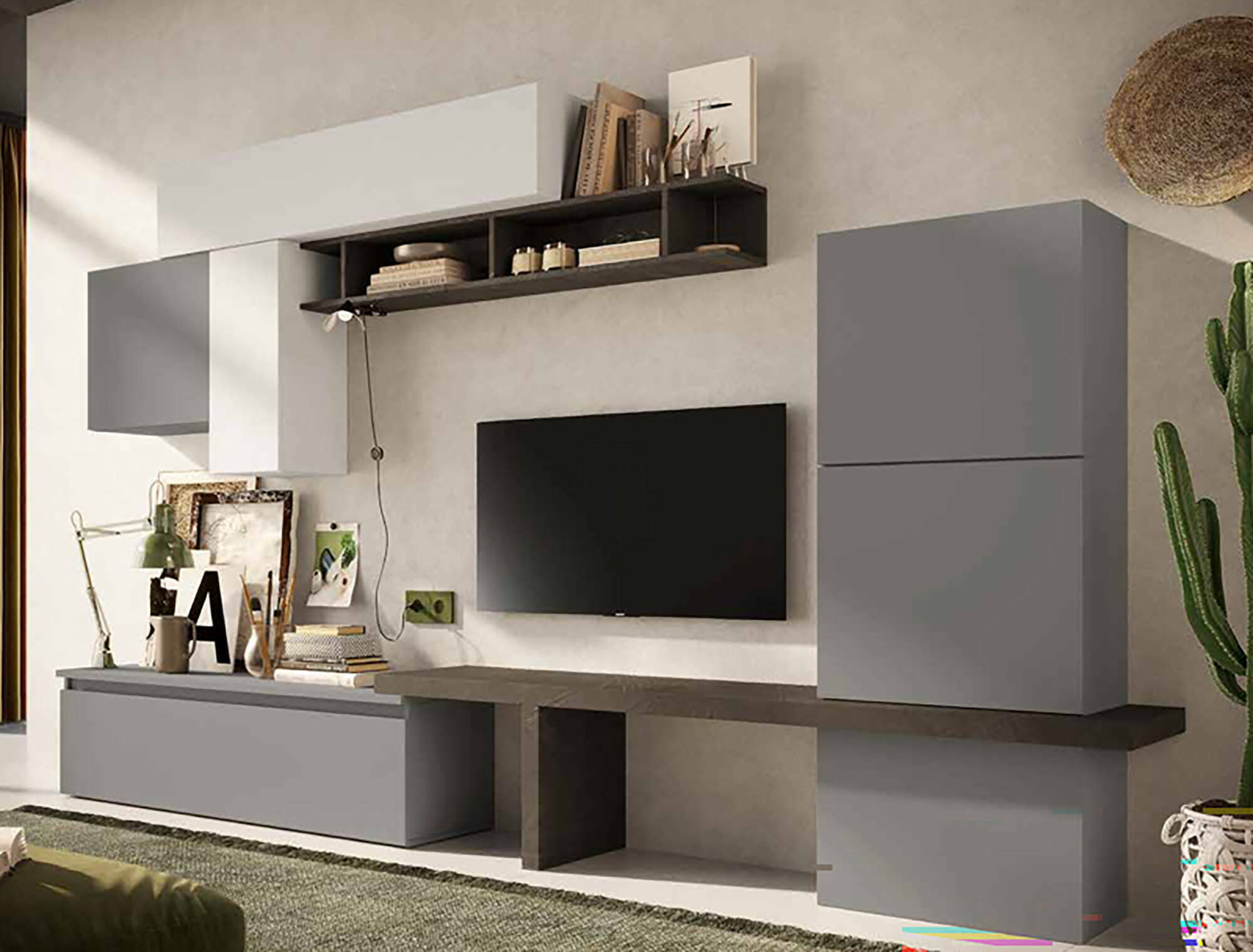 Parete attrezzata Apollonie, Composizione soggiorno, Mobile salotto multiuso, Armadio porta TV, Made in Italy, 295x40 h192 cm, Ardesia e Grigio