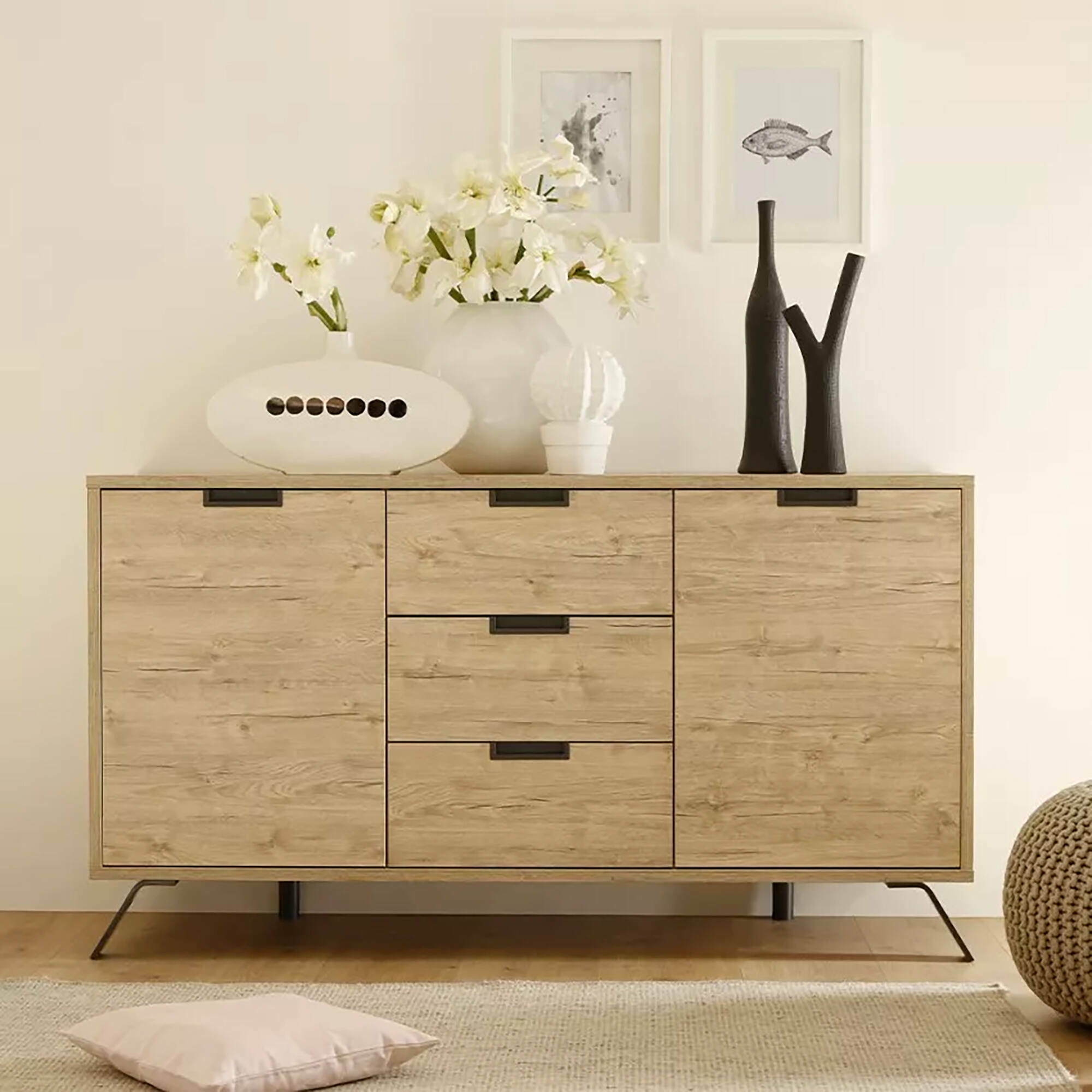 Credenza Alphonse, Buffet da soggiorno, Madia da salotto, Dispensa da cucina, Made in Italy, 156x50 h86 cm, Rovere