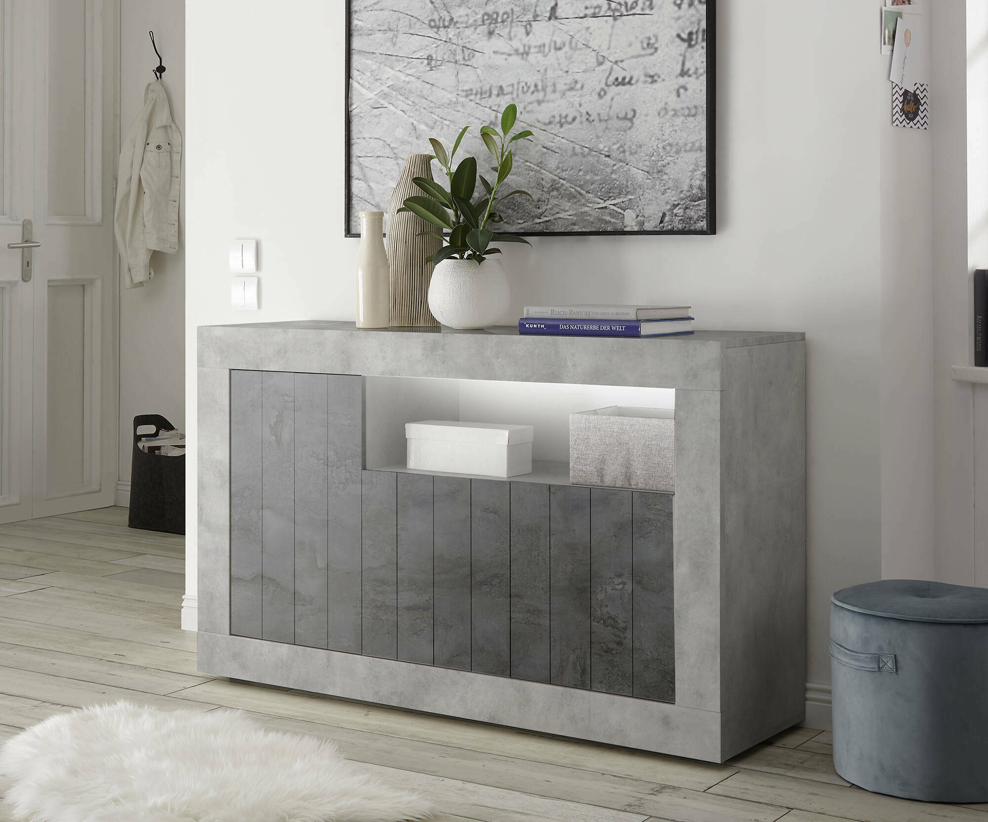 Credenza Dolphin, Buffet da soggiorno, Madia da salotto, Dispensa da cucina, Made in Italy, 138x42 h86 cm, Cemento e Ardesia