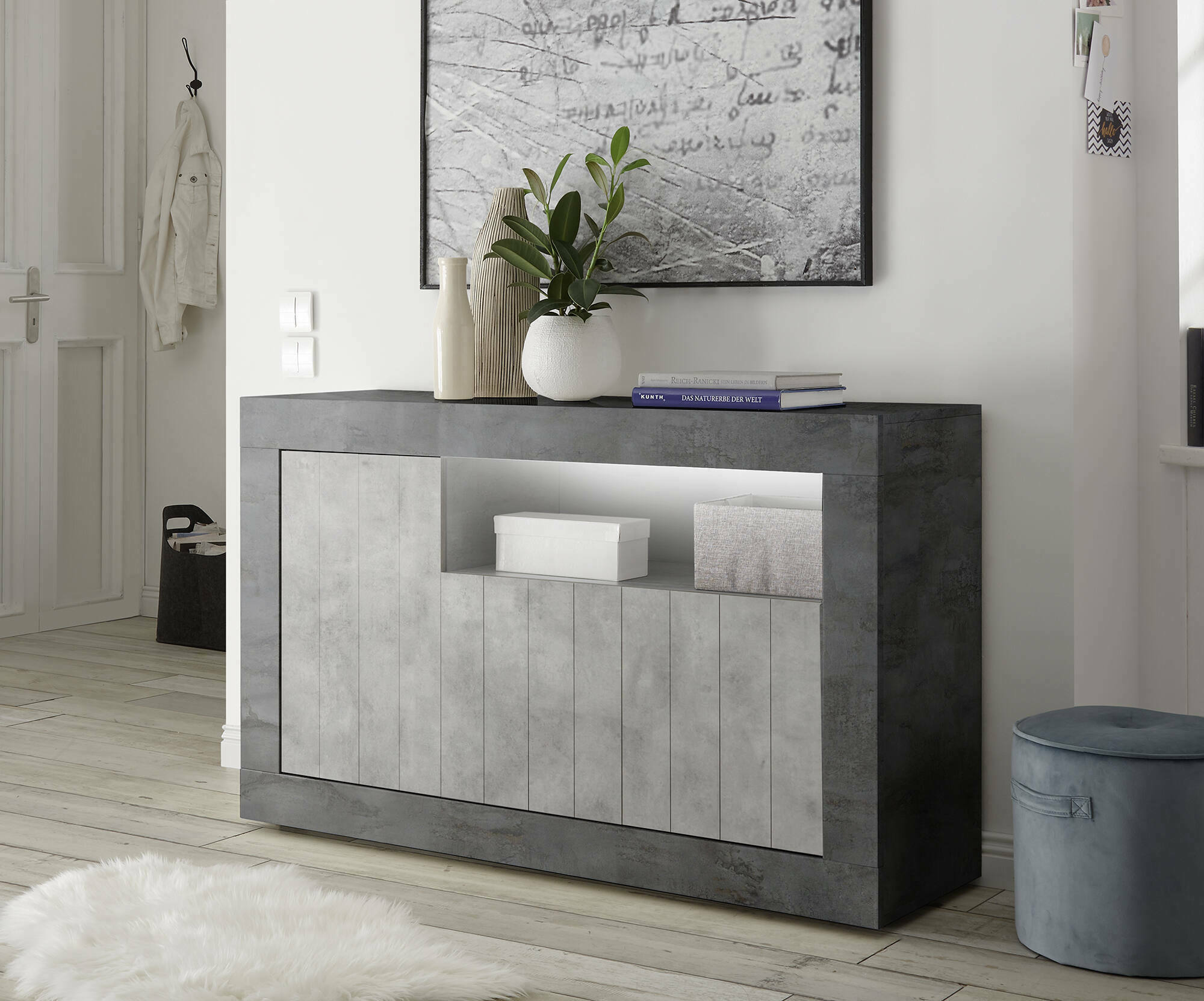 Credenza Dolphin, Buffet da soggiorno, Madia da salotto, Dispensa da cucina, Made in Italy, 138x42 h86 cm, Ardesia e Cemento