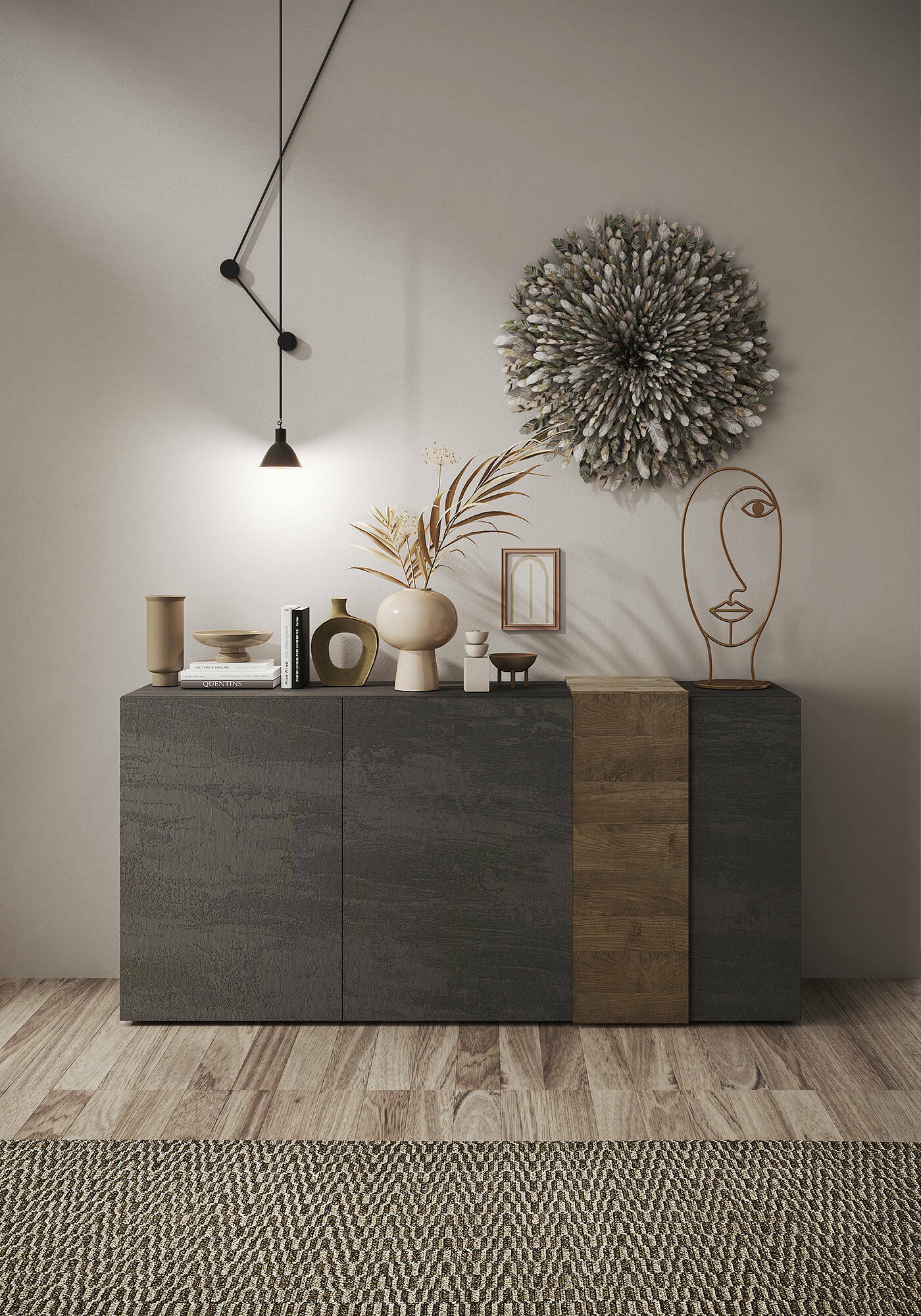Credenza Jerry, Buffet da soggiorno, Madia da salotto, Dispensa da cucina, Made in Italy, 181x44 h86 cm, Ardesia e Noce
