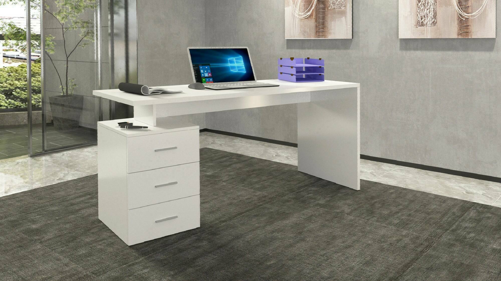 Scrivania Abisse, Scrittoio lineare, Scrivania ufficio multiuso, Scrivania salvaspazio multi posizione, 160x60h75 cm, Bianco