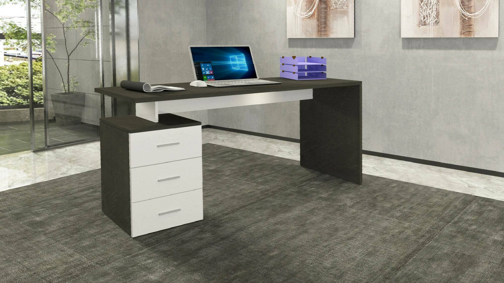 Scrivania Abisse, Scrittoio lineare, Scrivania ufficio multiuso, Scrivania salvaspazio multi posizione, 160x60h75 cm, Bianco e Ardesia