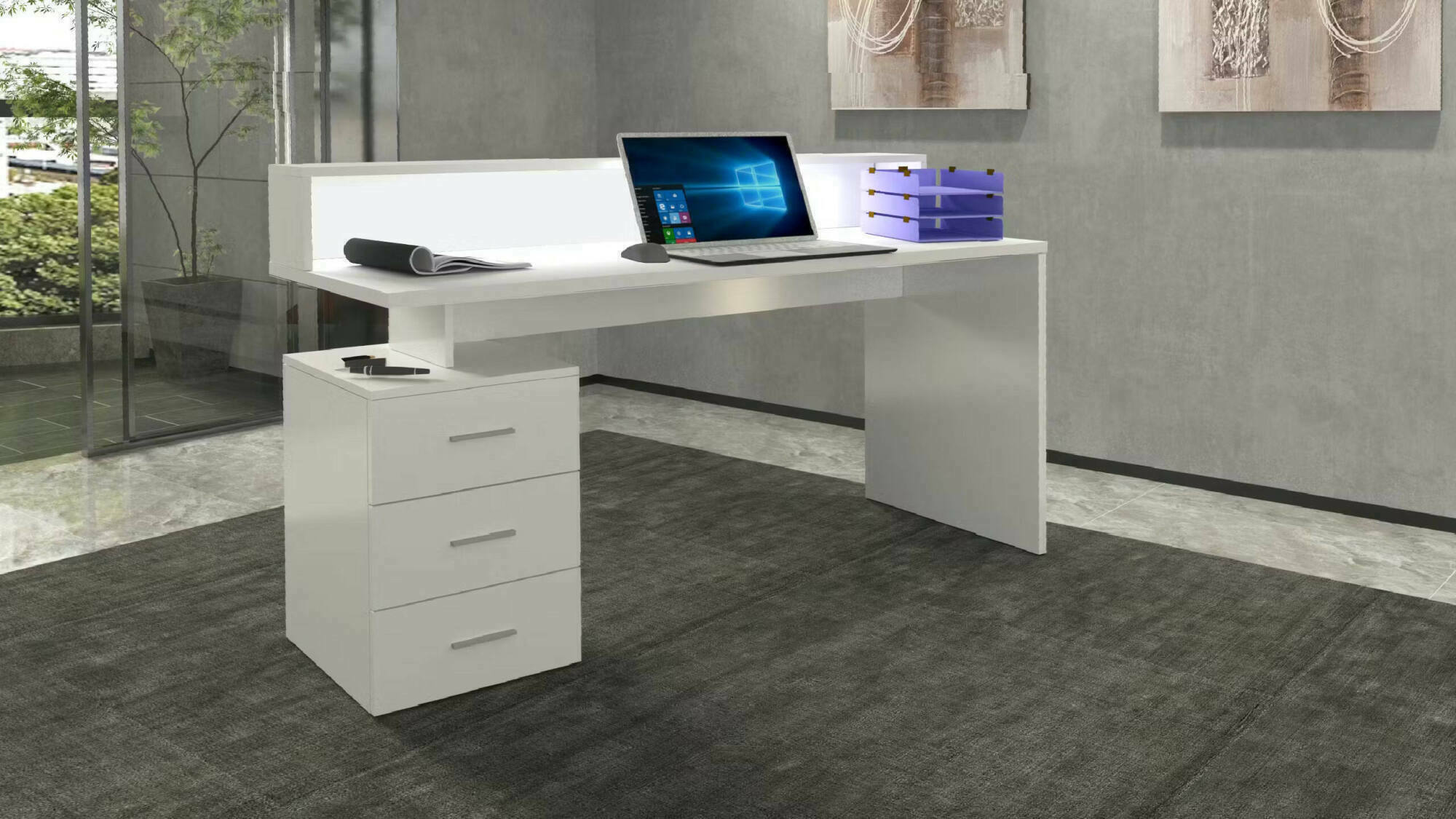 Scrivania Flaminia, Scrittoio con sopralzo, Scrivania ufficio multiuso, Scrivania salvaspazio multi posizione, 160x60h90 cm, Bianco