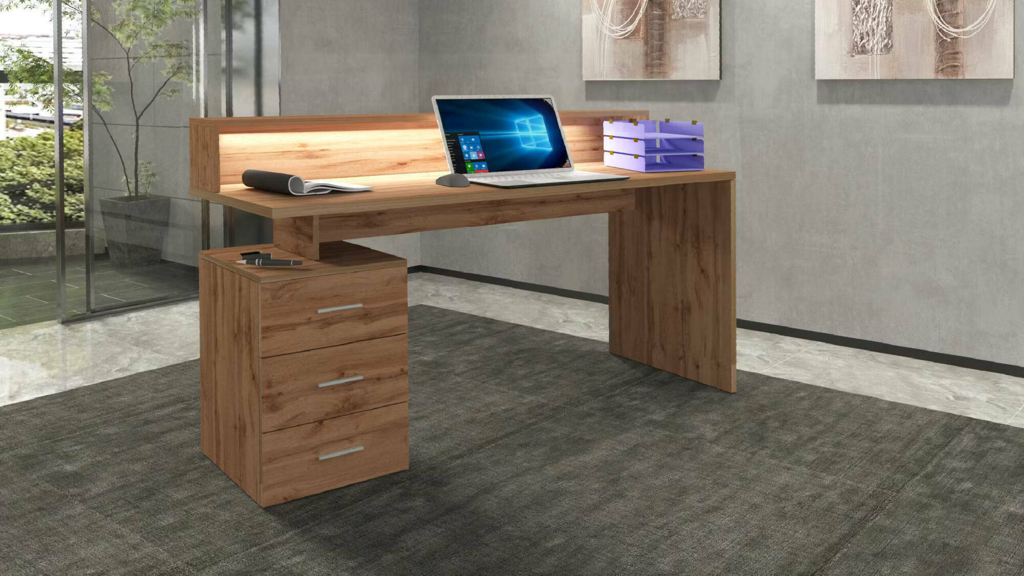 Scrivania Flaminia, Scrittoio con sopralzo, Scrivania ufficio multiuso, Scrivania salvaspazio multi posizione, 160x60h90 cm, Rovere
