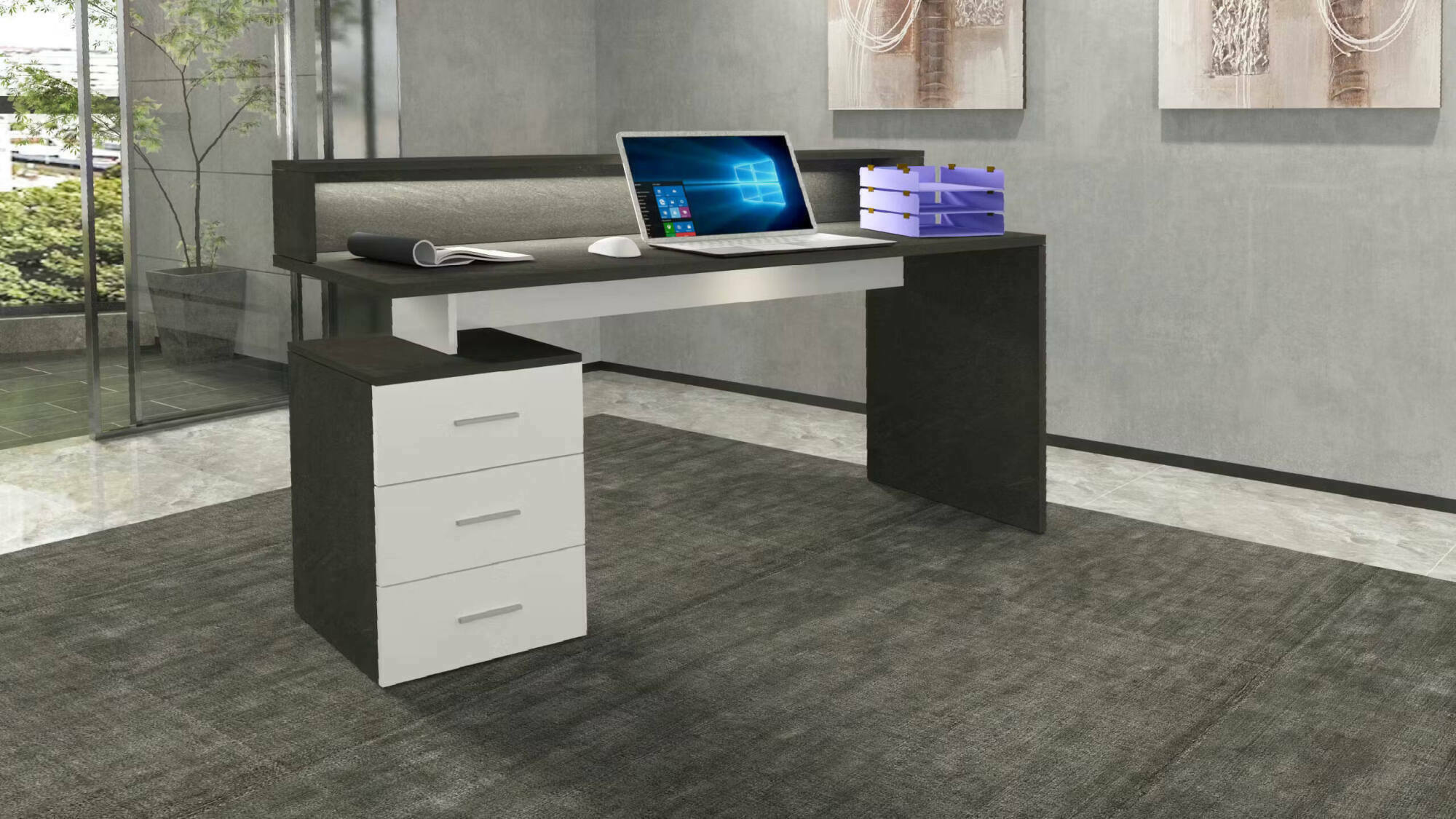 Scrivania Flaminia, Scrittoio con sopralzo, Scrivania ufficio multiuso, Scrivania salvaspazio multi posizione, 160x60h90 cm, Bianco e Ardesia