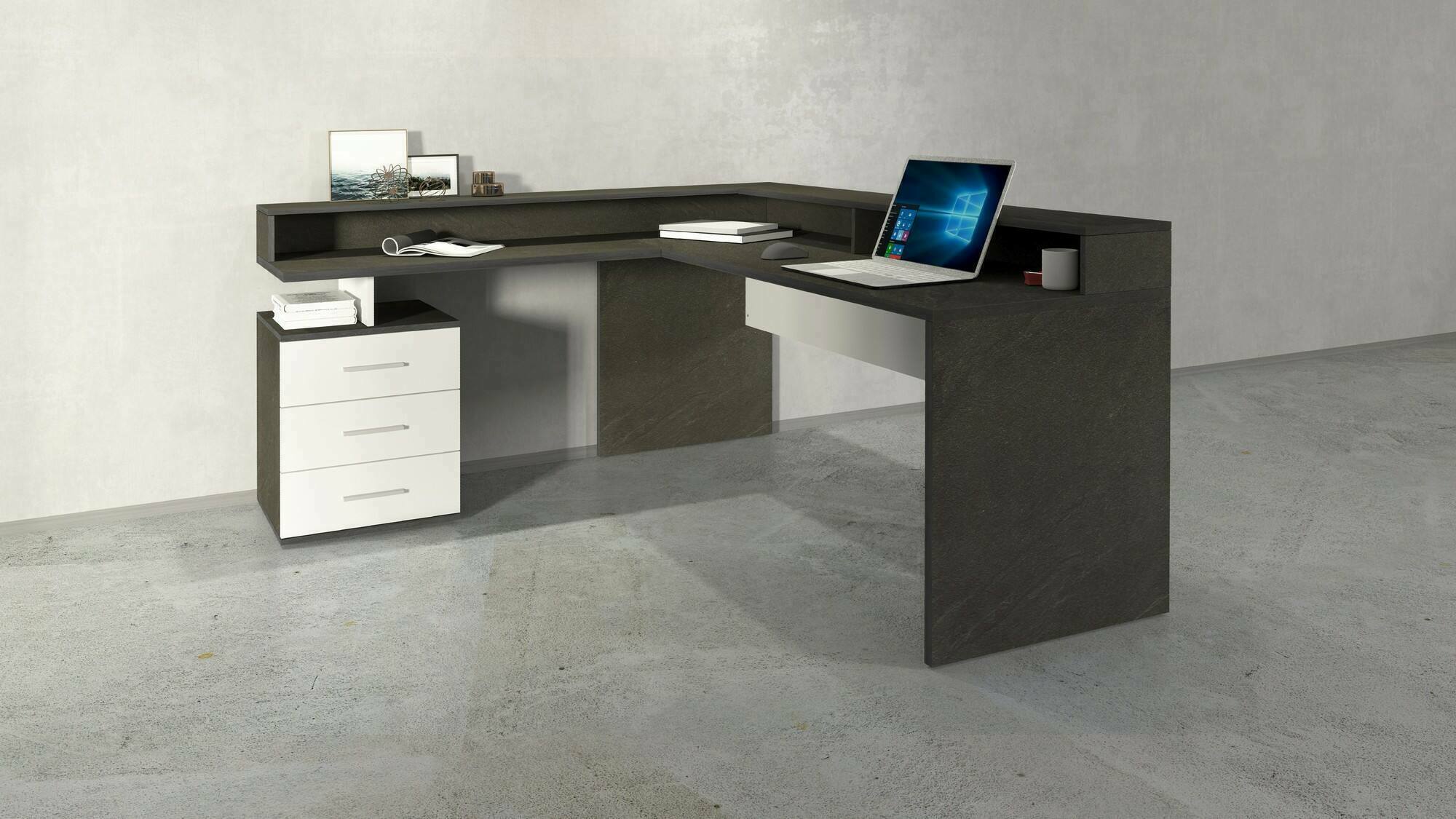Scrivania Leonilda, Scrittoio angolare con sopralzo, Scrivania ufficio multiuso, 180x90h160 cm, Bianco e Ardesia