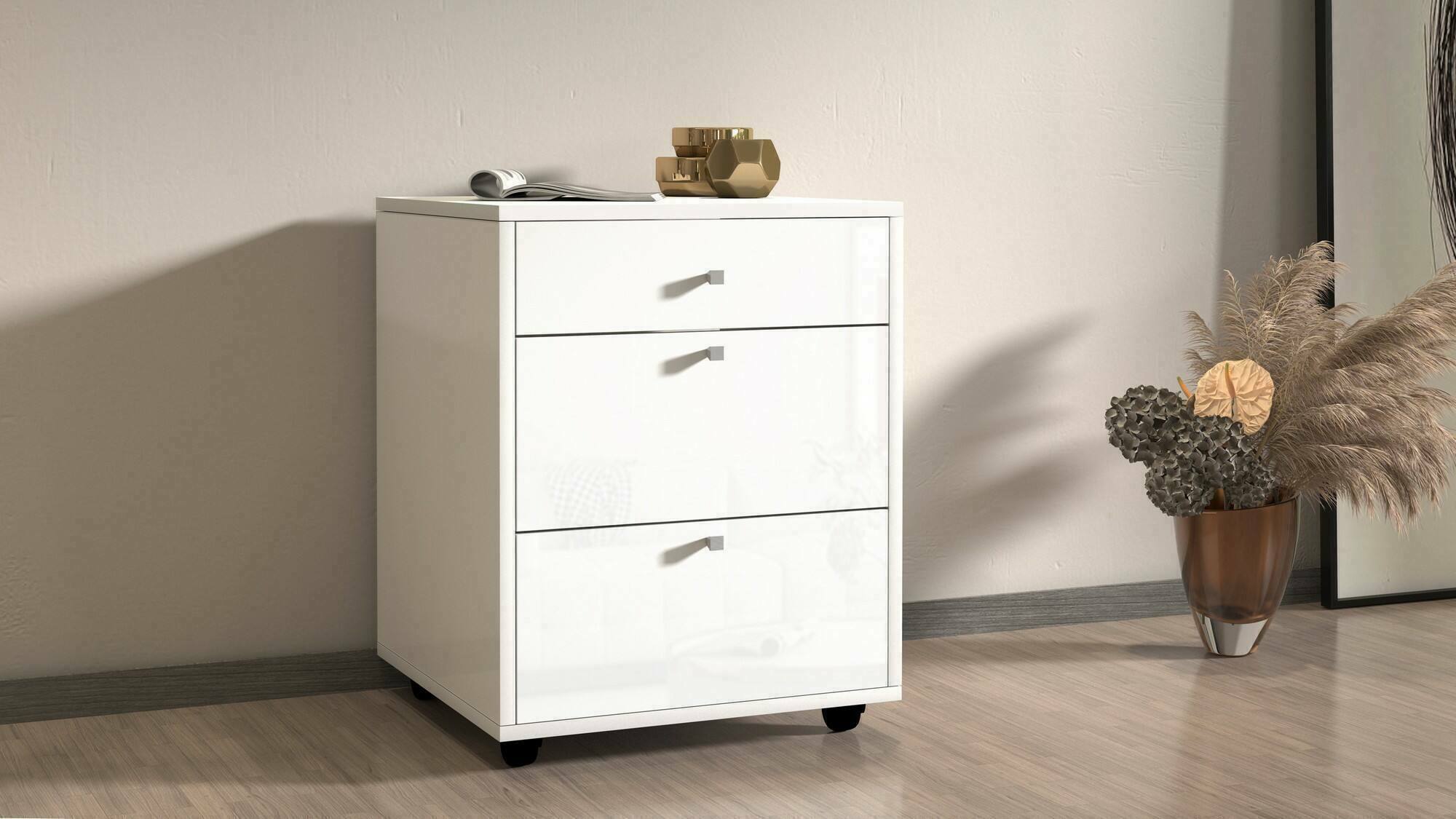 Cassettiera Asgabat, Cassettiera camera da letto , Settimino con 3 cassetti, 47x45h61 cm, Bianco