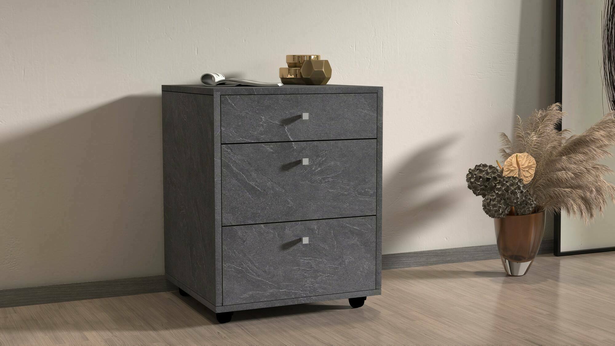 Cassettiera Asgabat, Cassettiera camera da letto , Settimino con 3 cassetti, 47x45h61 cm, Ardesia