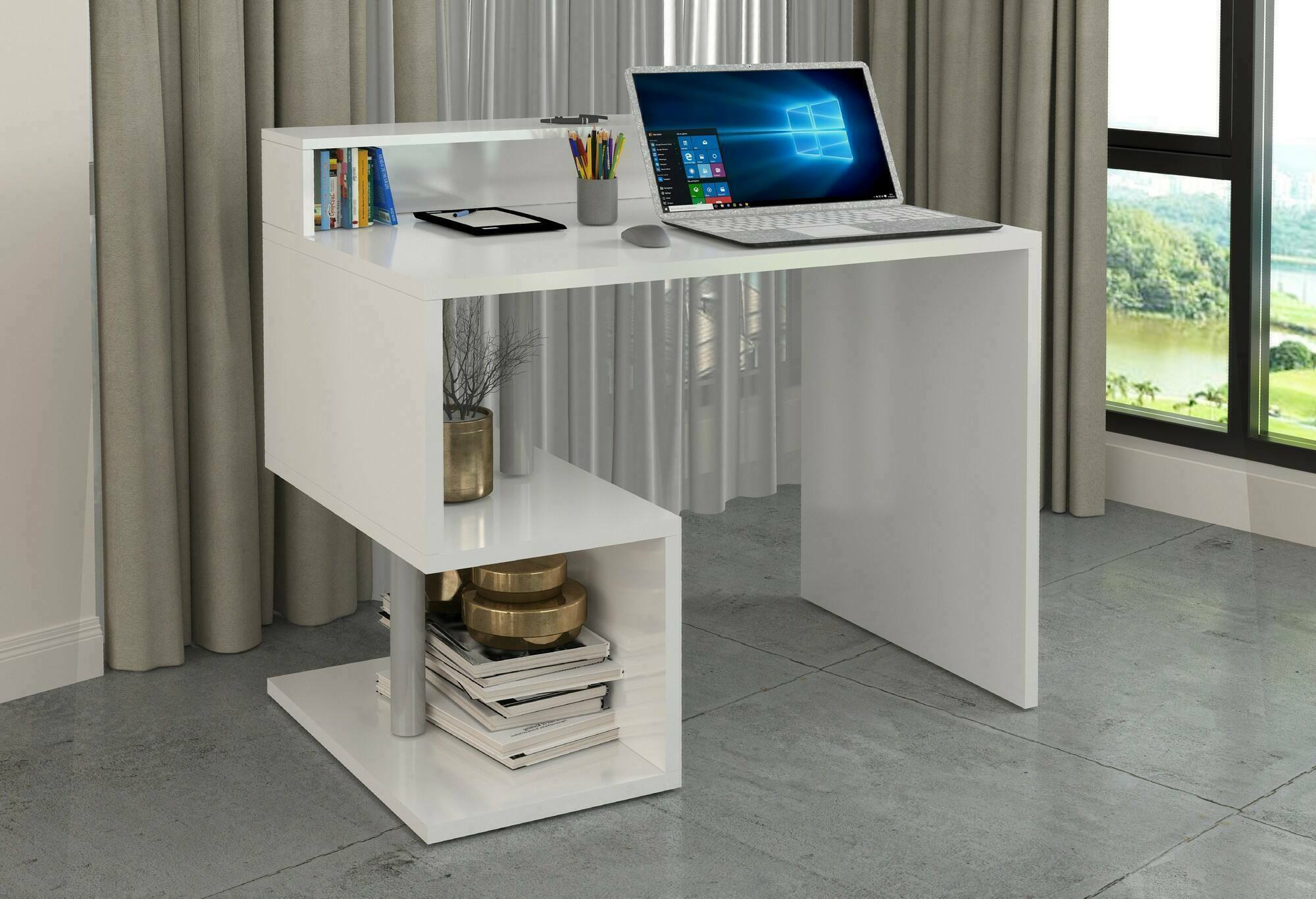 Scrivania Eva, Scrittoio lineare con ripiani portaoggetti, Scrivania ufficio multiuso con sopralzo, 100x50h93 cm, Bianco