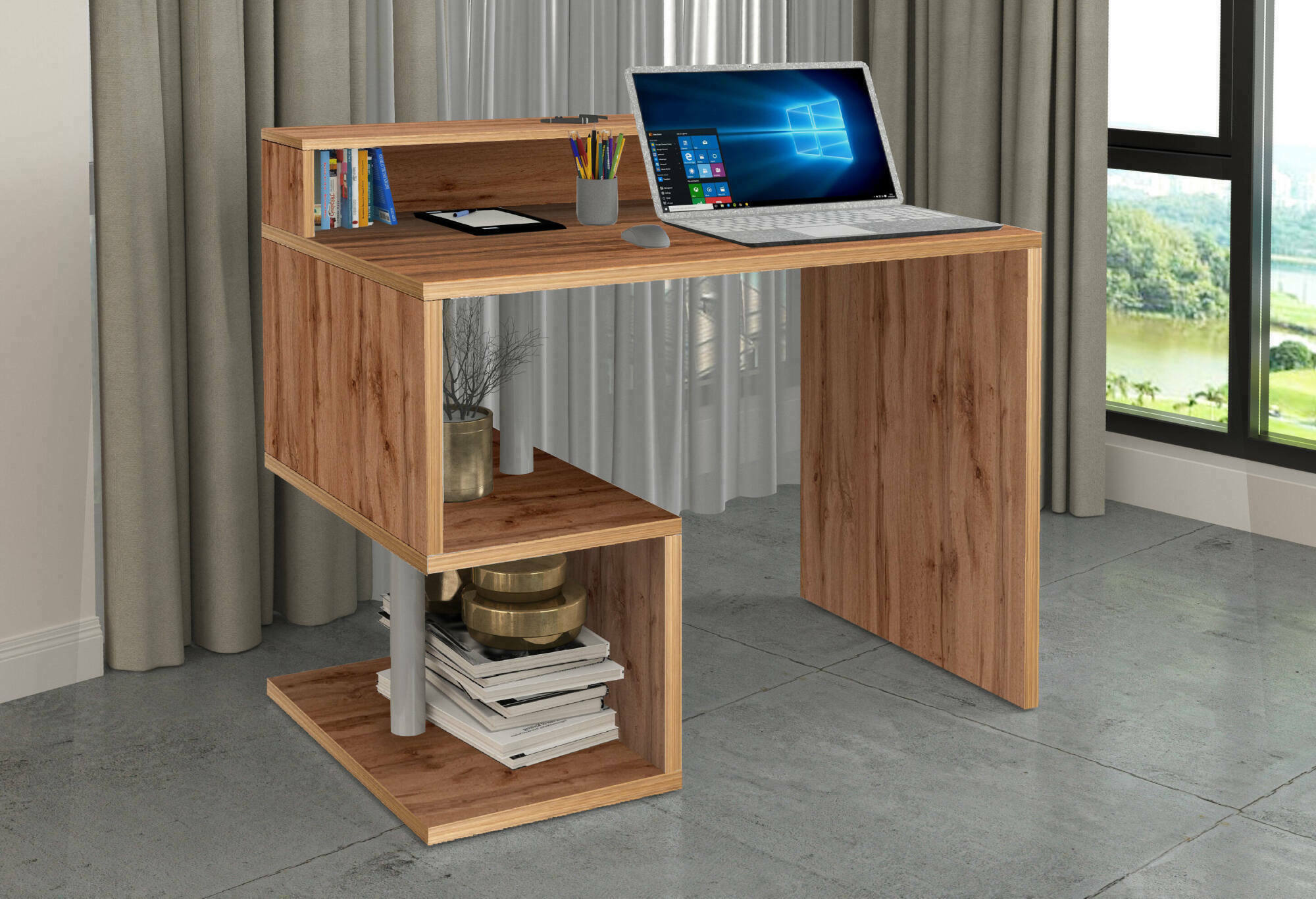 Scrivania Eva, Scrittoio lineare con ripiani portaoggetti, Scrivania ufficio multiuso con sopralzo, 100x50h93 cm, Rovere