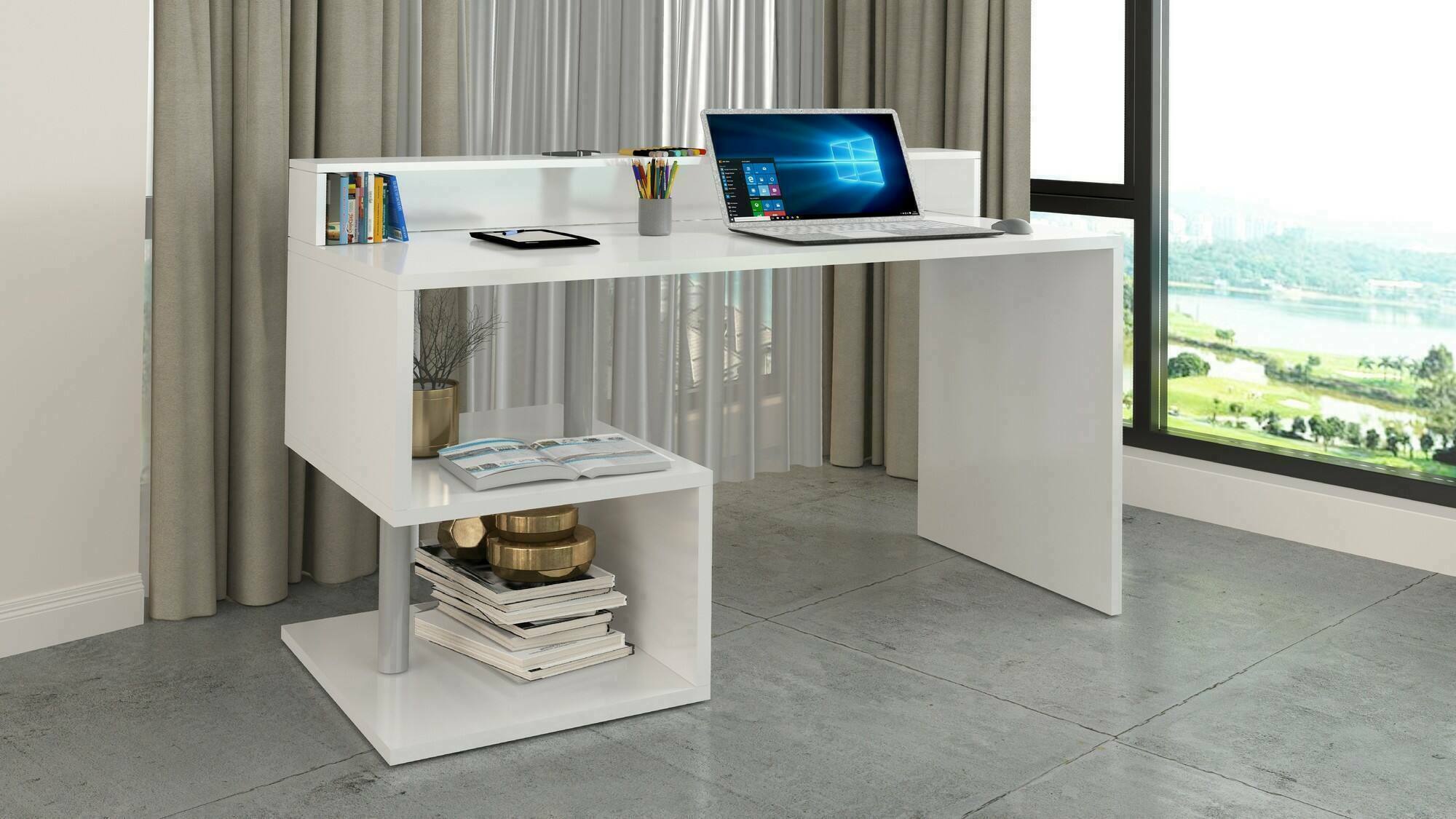 Scrivania Kobenhavn, Scrittoio lineare con ripiani portaoggetti, Scrivania ufficio multiuso con sopralzo, 140x60h93 cm, Bianco