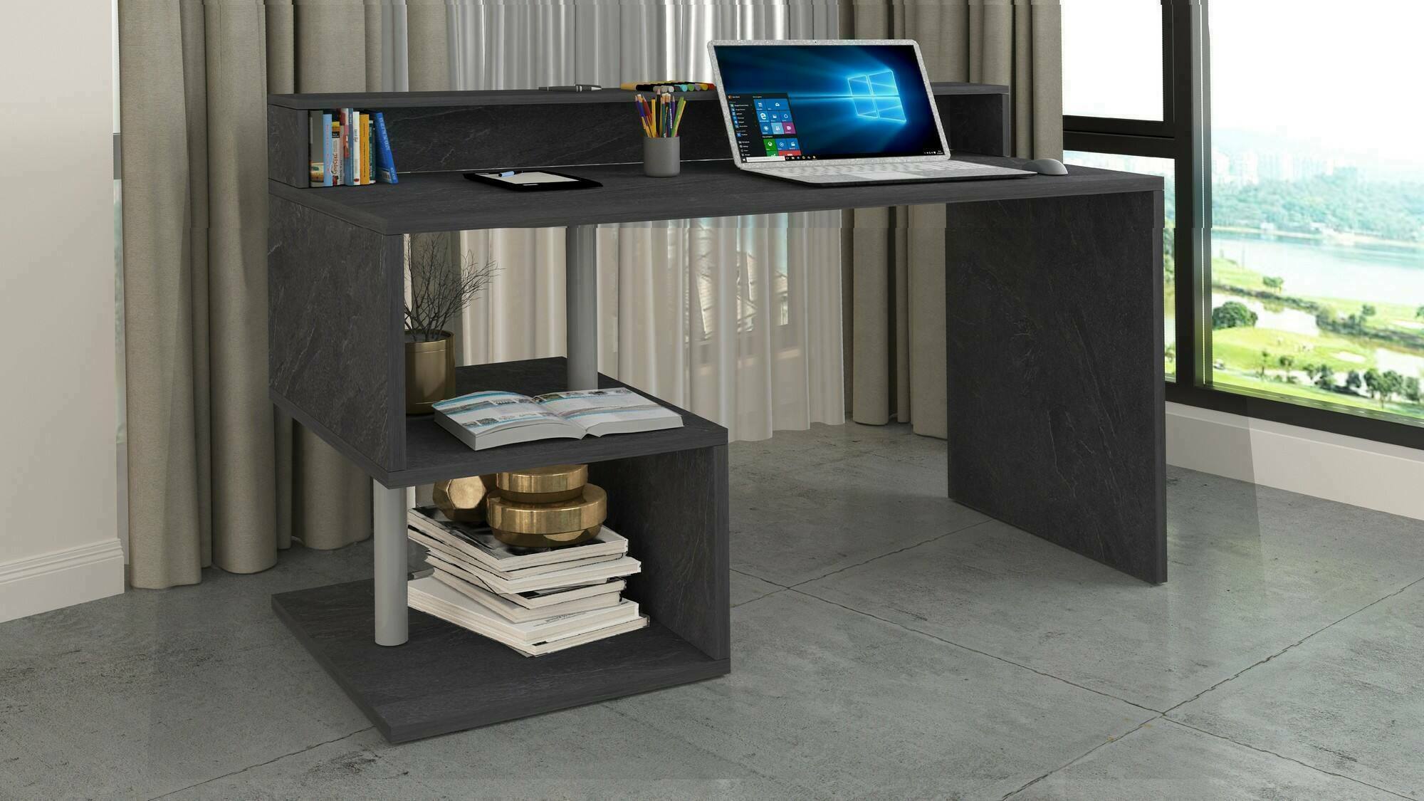 Scrivania Kobenhavn, Scrittoio lineare con ripiani portaoggetti, Scrivania ufficio multiuso con sopralzo, 140x60h93 cm, Ardesia