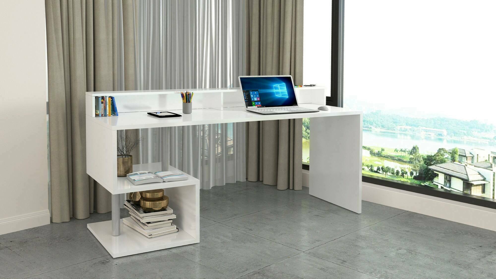 Scrivania Aurigo, Scrittoio lineare con ripiani portaoggetti, Scrivania ufficio multiuso con sopralzo, 180x92,5h60 cm, Bianco