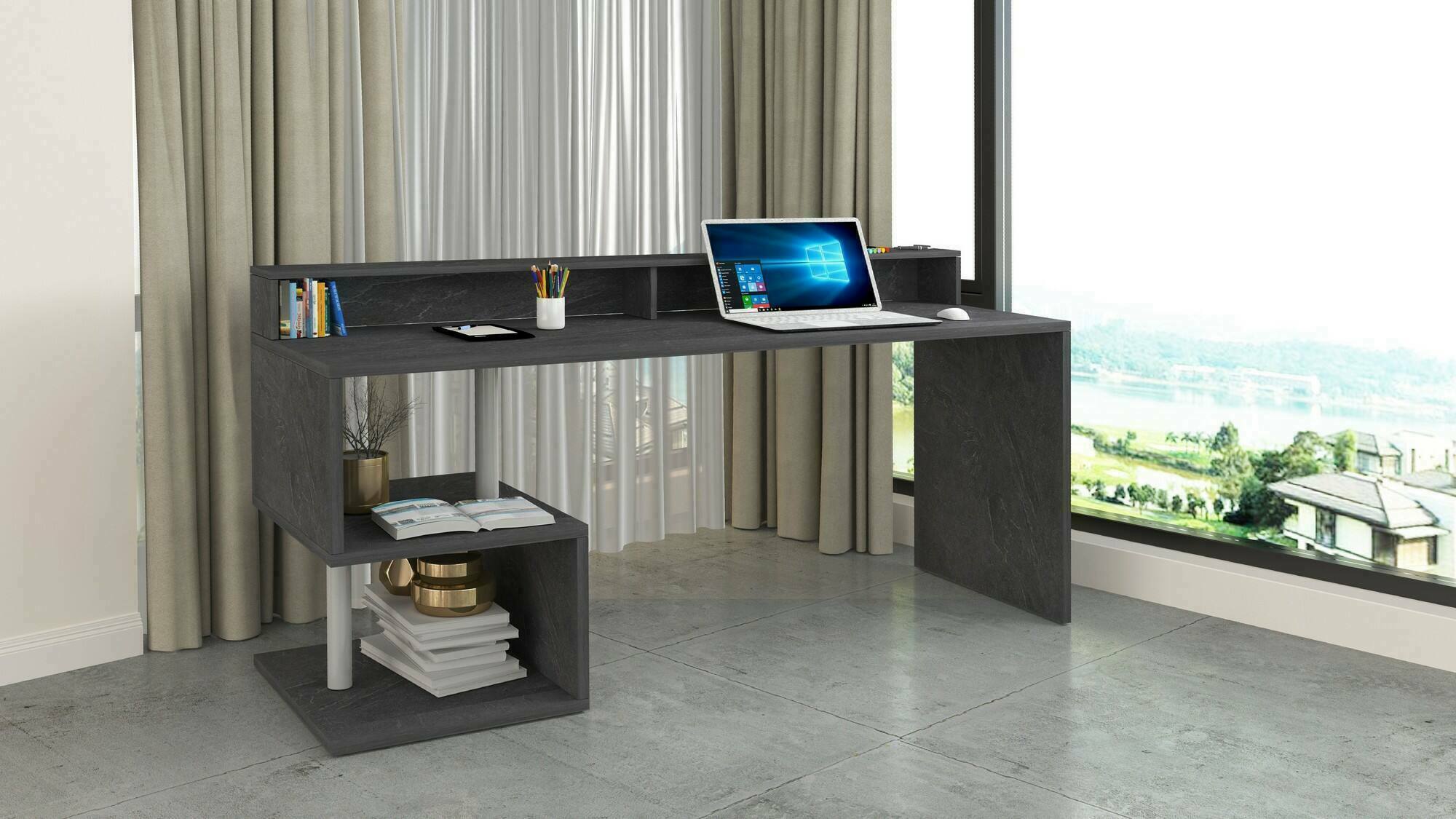 Scrivania Aurigo, Scrittoio lineare con ripiani portaoggetti, Scrivania ufficio multiuso con sopralzo, 180x92,5h60 cm, Ardesia