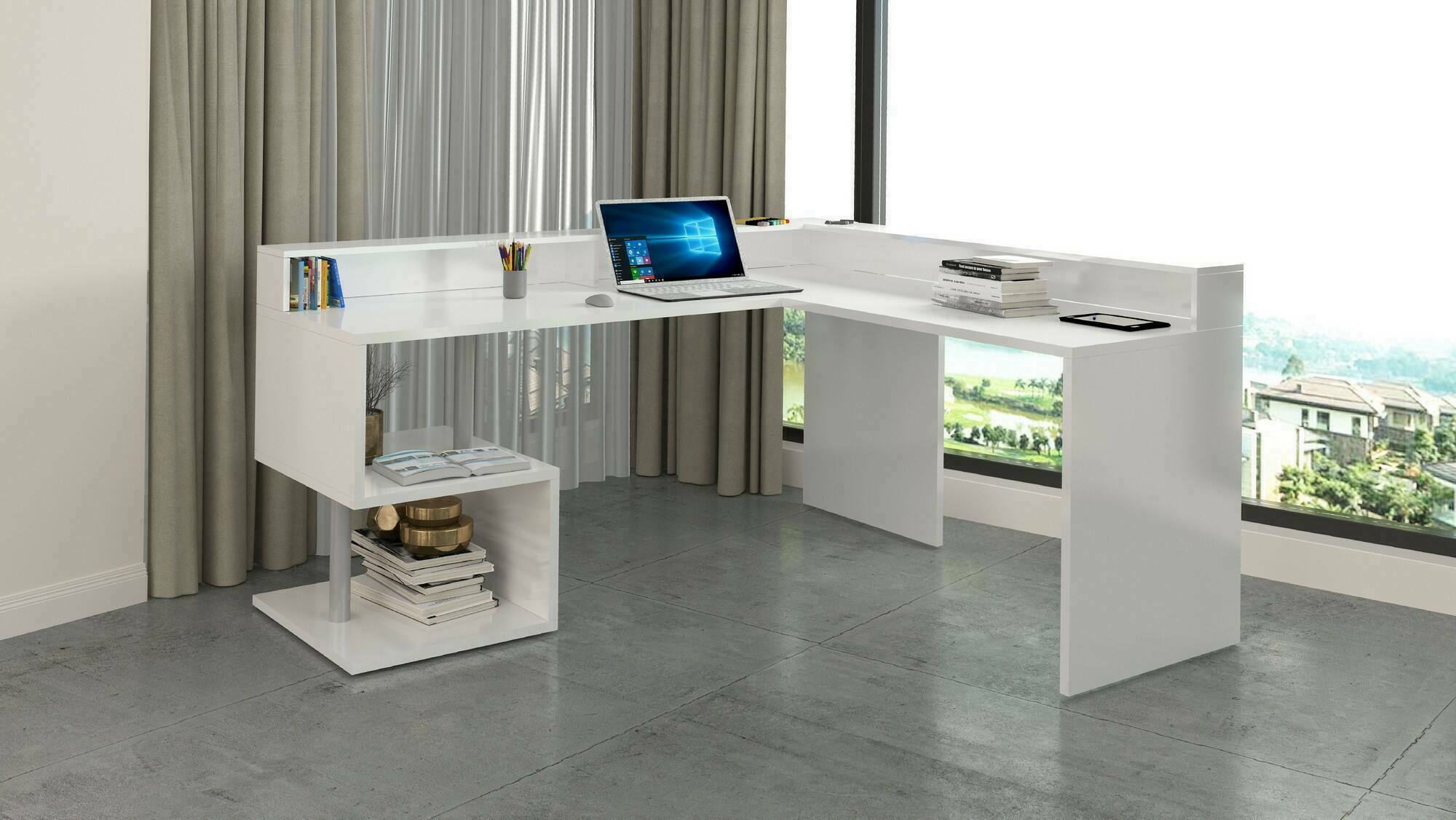 Scrivania Auletta, Scrittoio angolare con ripiani portaoggetti, Scrivania ufficio multiuso con sopralzo, 180x60h93 cm, Bianco