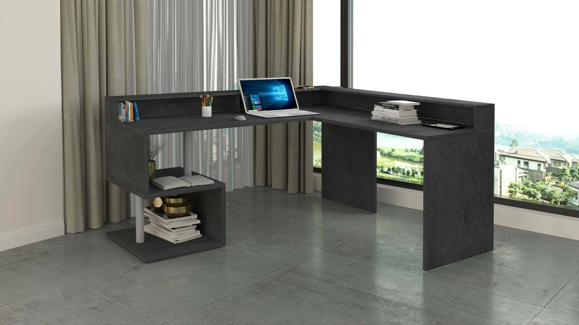 Scrivania Auletta, Scrittoio angolare con ripiani portaoggetti, Scrivania ufficio multiuso con sopralzo, 180x60h93 cm, Ardesia