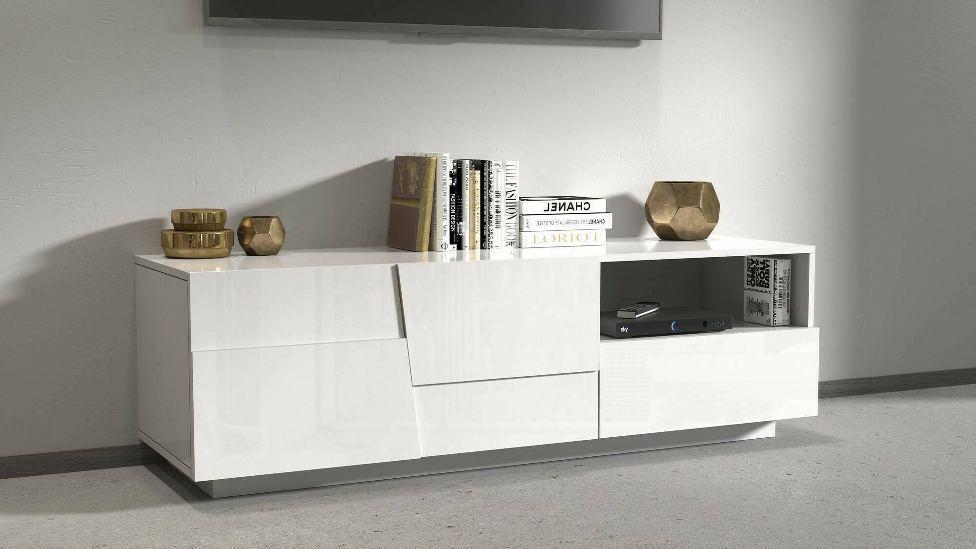 Mobile porta TV Cecia, Credenza bassa da soggiorno con 2 ante e 1 cassetto, Base porta TV, 150x44h46 cm, Bianco lucido