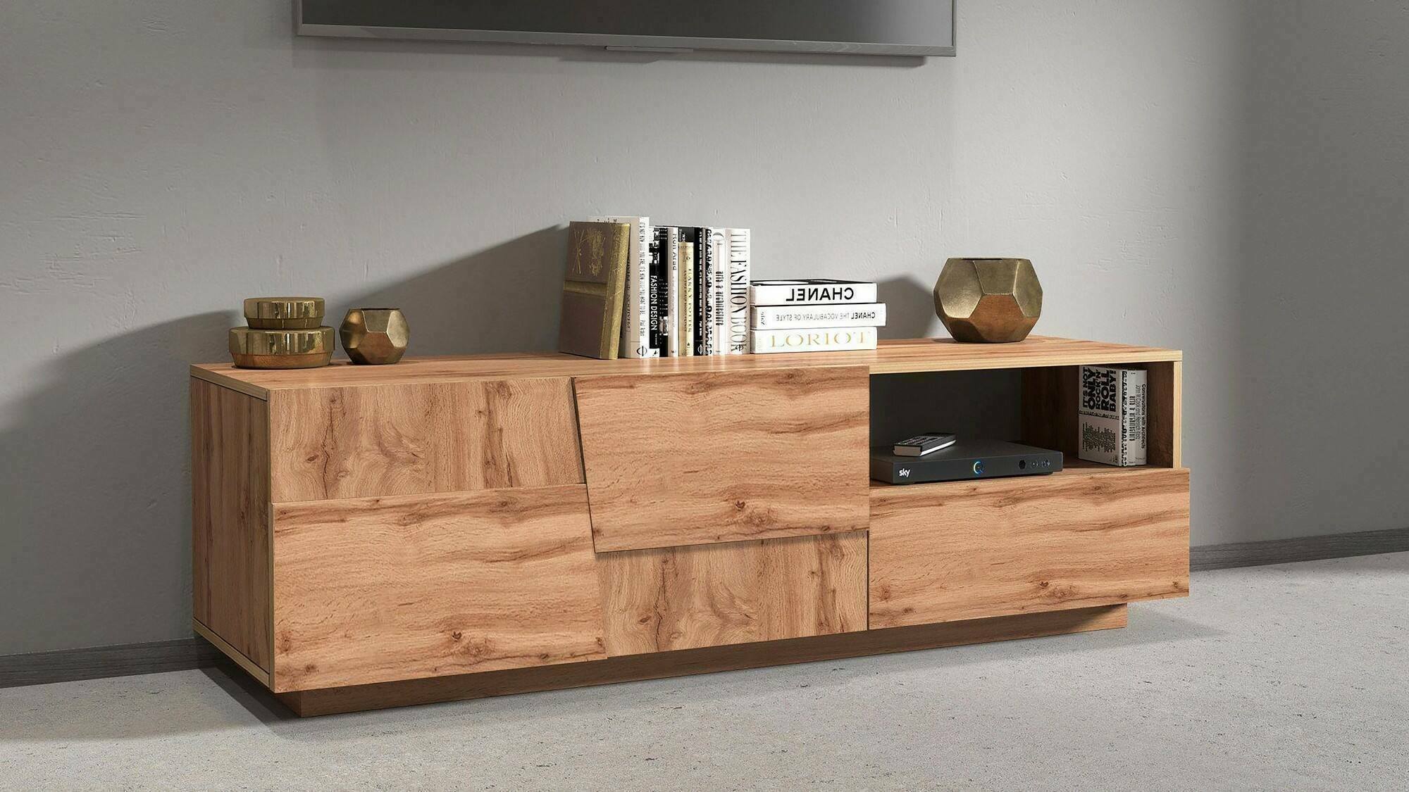 Mobile porta TV Cecia, Credenza bassa da soggiorno con 2 ante e 1 cassetto, Base porta TV, 150x44h46 cm, Rovere