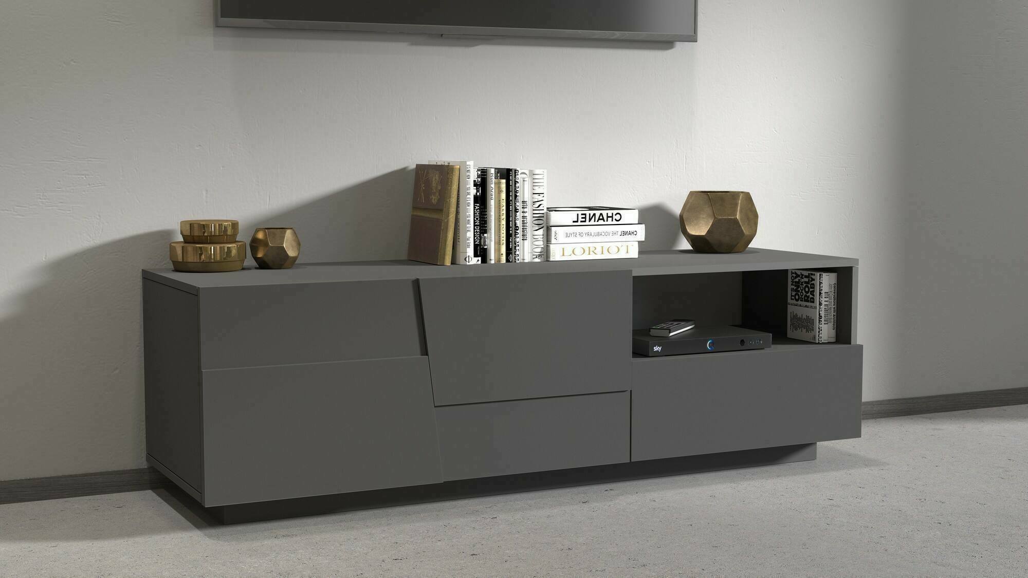 Mobile porta TV Cecia, Credenza bassa da soggiorno con 2 ante e 1 cassetto, Base porta TV, 150x44h46 cm, Antracite