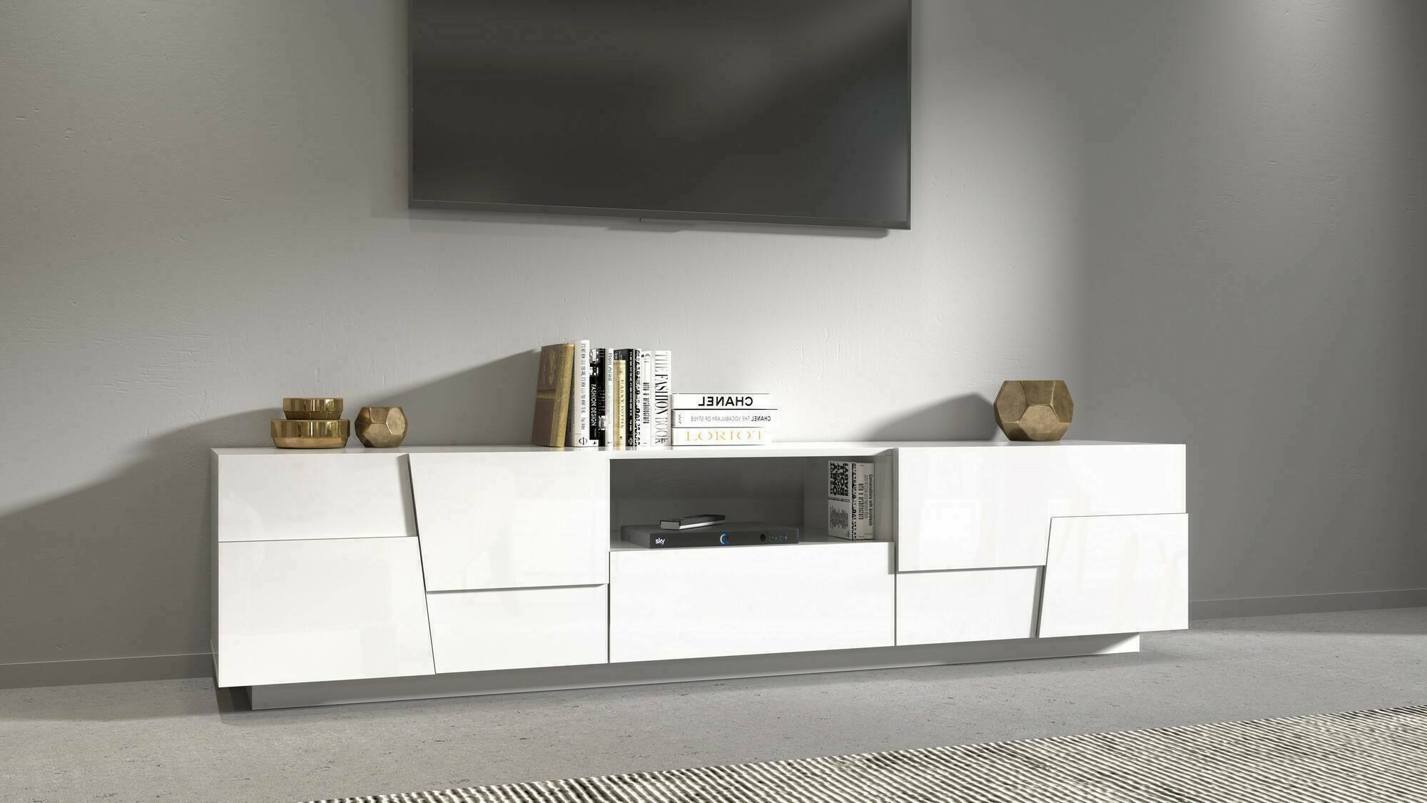 Mobile porta TV Maestrale, Credenza bassa da soggiorno con 4 ante e 1 cassetto, Base porta TV, 220x44h46 cm, Bianco lucido