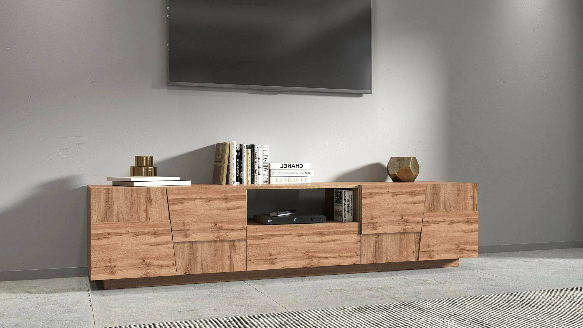 Mobile porta TV Maestrale, Credenza bassa da soggiorno con 4 ante e 1 cassetto, Base porta TV, 220x44h46 cm, Rovere