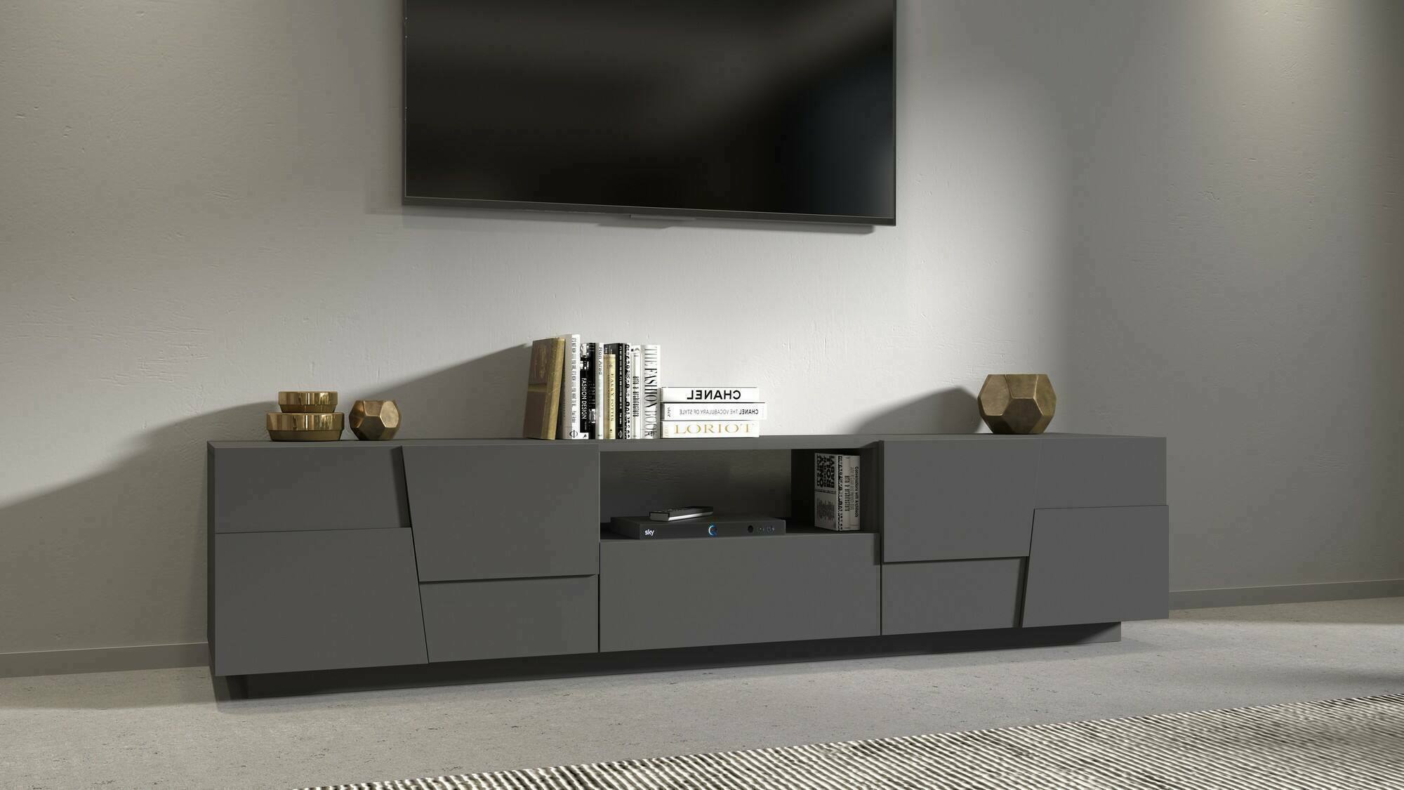 Mobile porta TV Maestrale, Credenza bassa da soggiorno con 4 ante e 1 cassetto, Base porta TV, 220x44h46 cm, Antracite