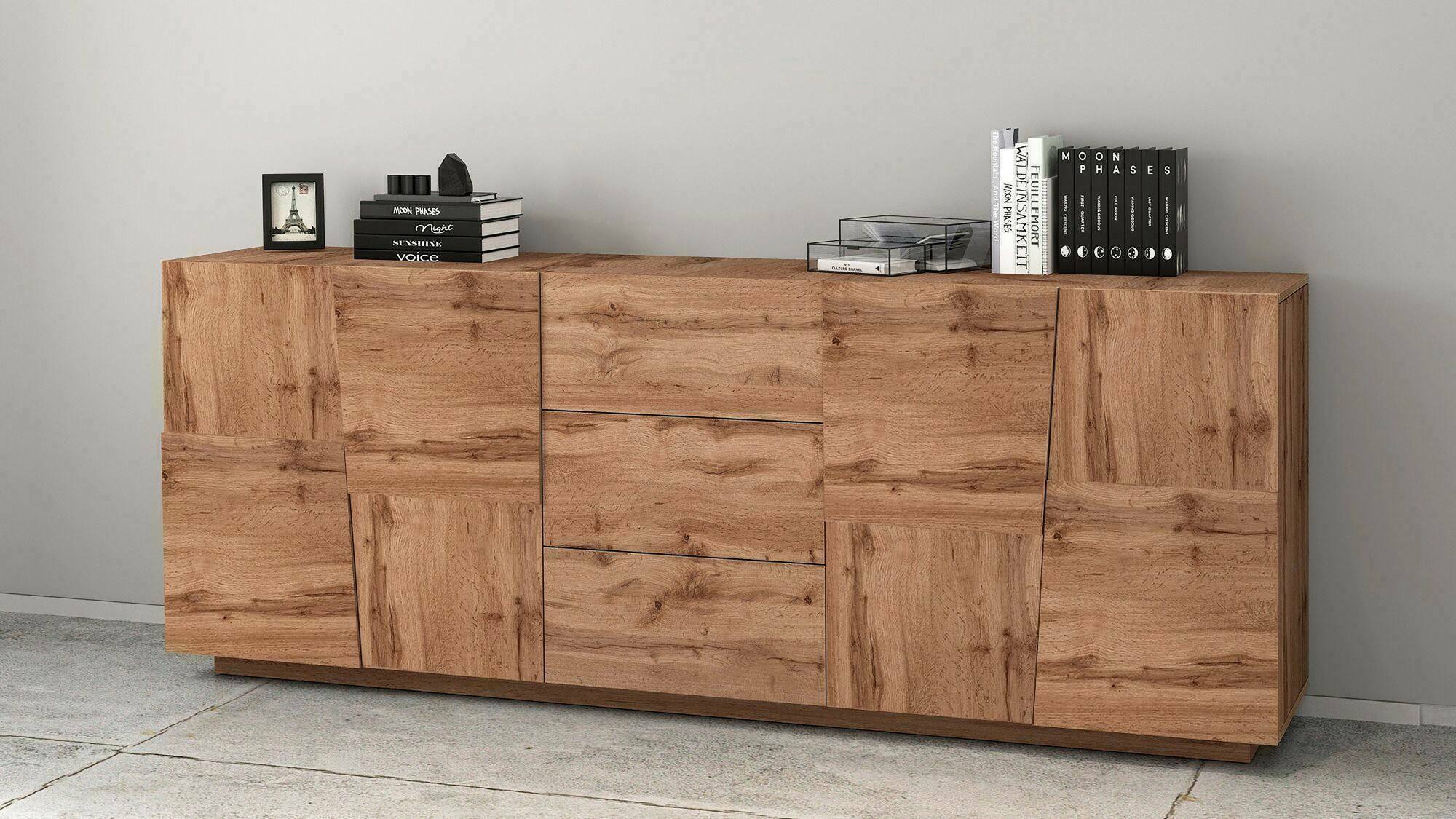 Credenza Astel, Buffet da soggiorno, Madia da salotto con 4 ante e 3 cassetti, 220x44h86 cm, Rovere