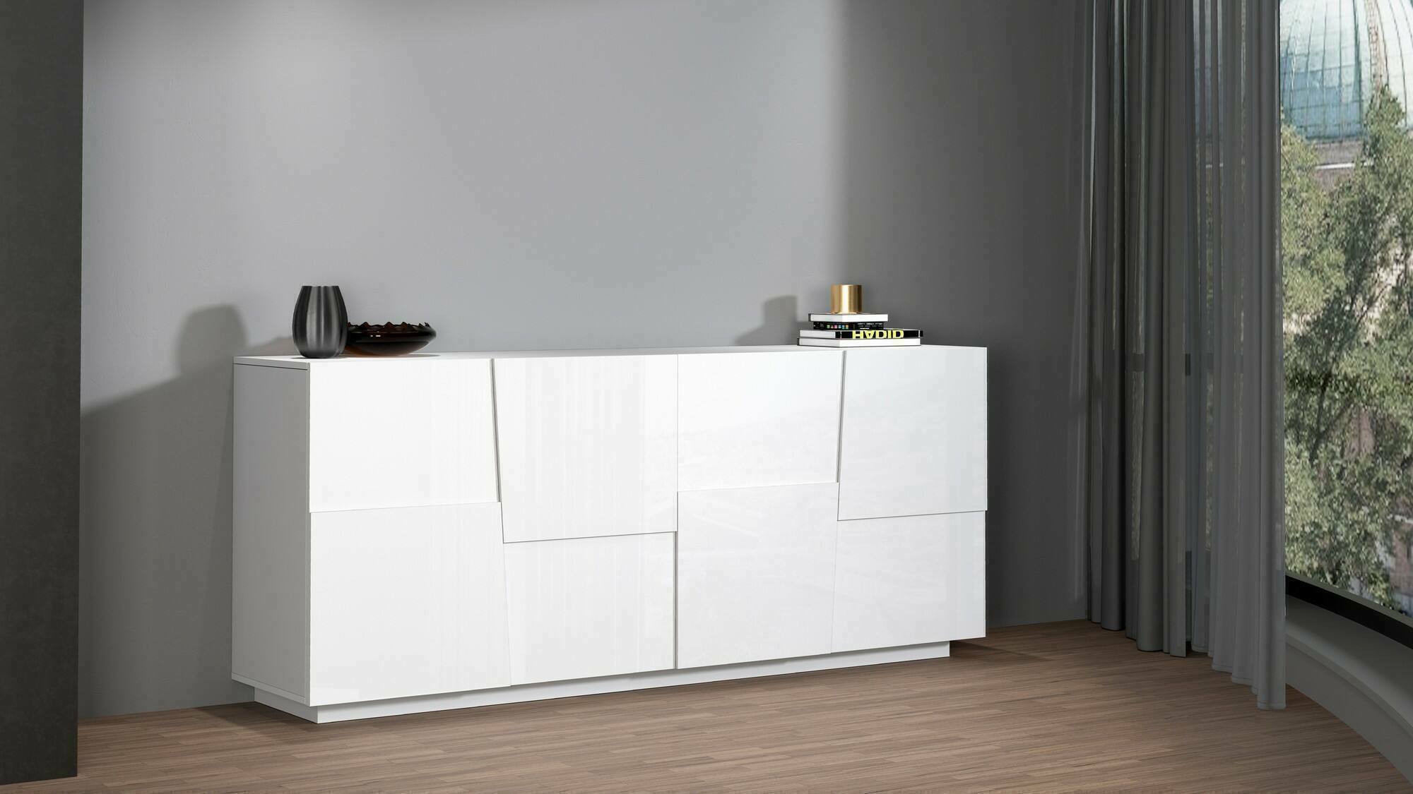 Credenza Arda, Buffet da soggiorno, Madia da salotto moderna con 4 ante, 200x44h86 cm, Bianco lucido