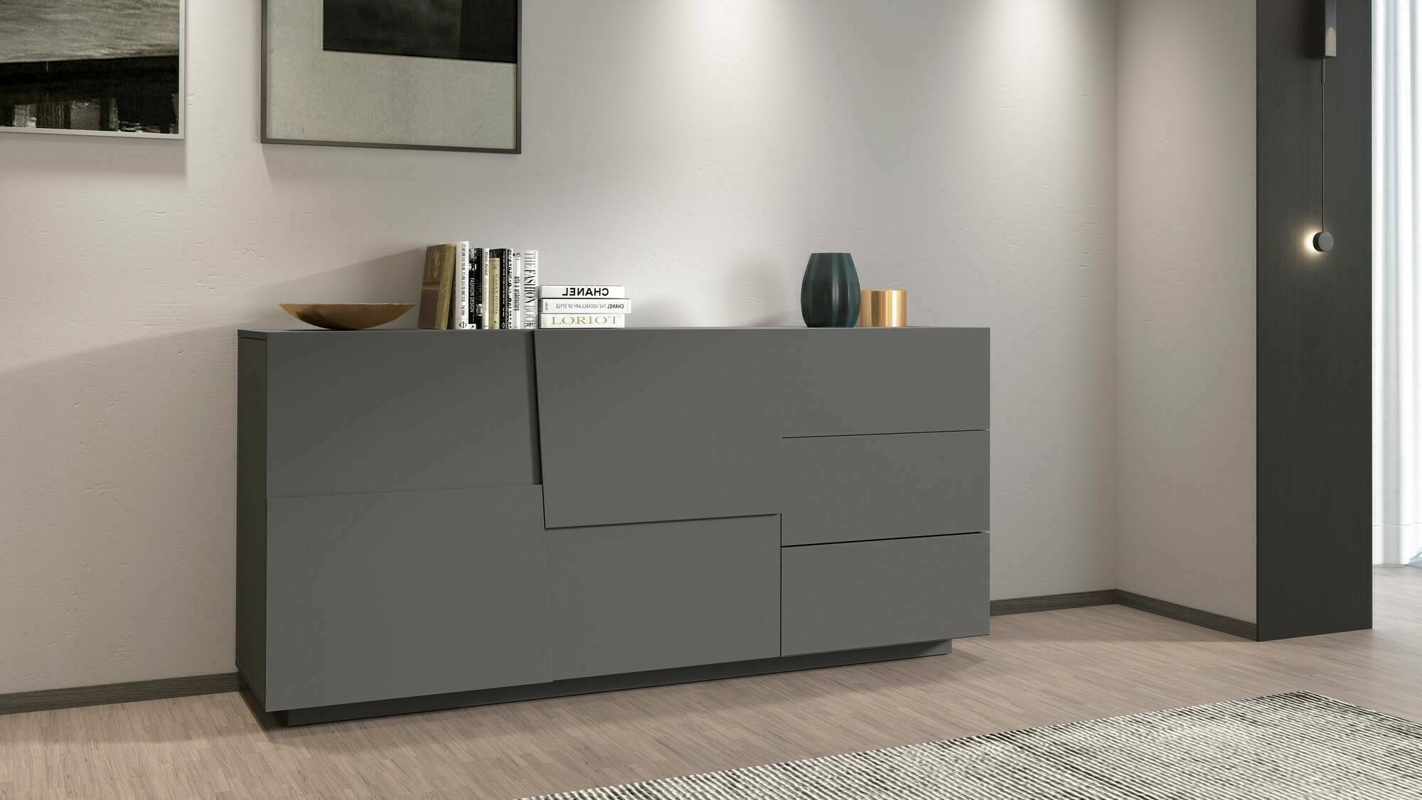 Credenza Avelignese, Buffet da soggiorno, Madia da salotto con 2 ante e 3 cassetti, 180x44h86 cm, Antracite