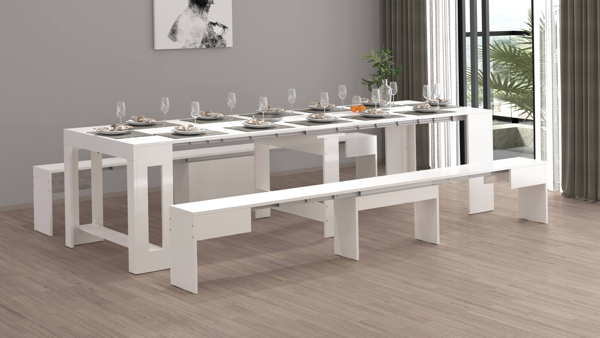 Panca Quedan, Set di 2 sedute per tavolo da pranzo, Panche allungabili, 290x25h45 cm, Bianco lucido