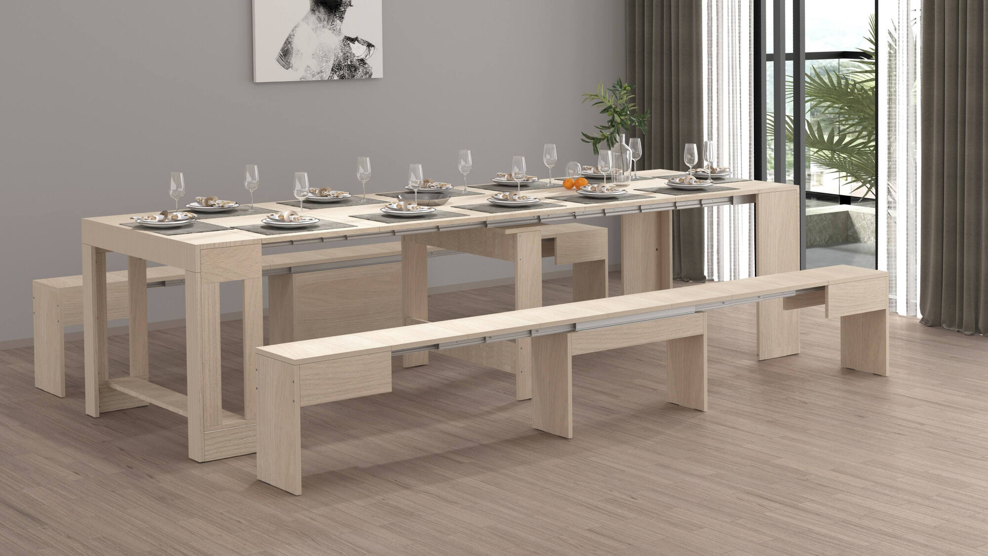 Panca Quedan, Set di 2 sedute per tavolo da pranzo, Panche allungabili, 290x25h45 cm, Olmo