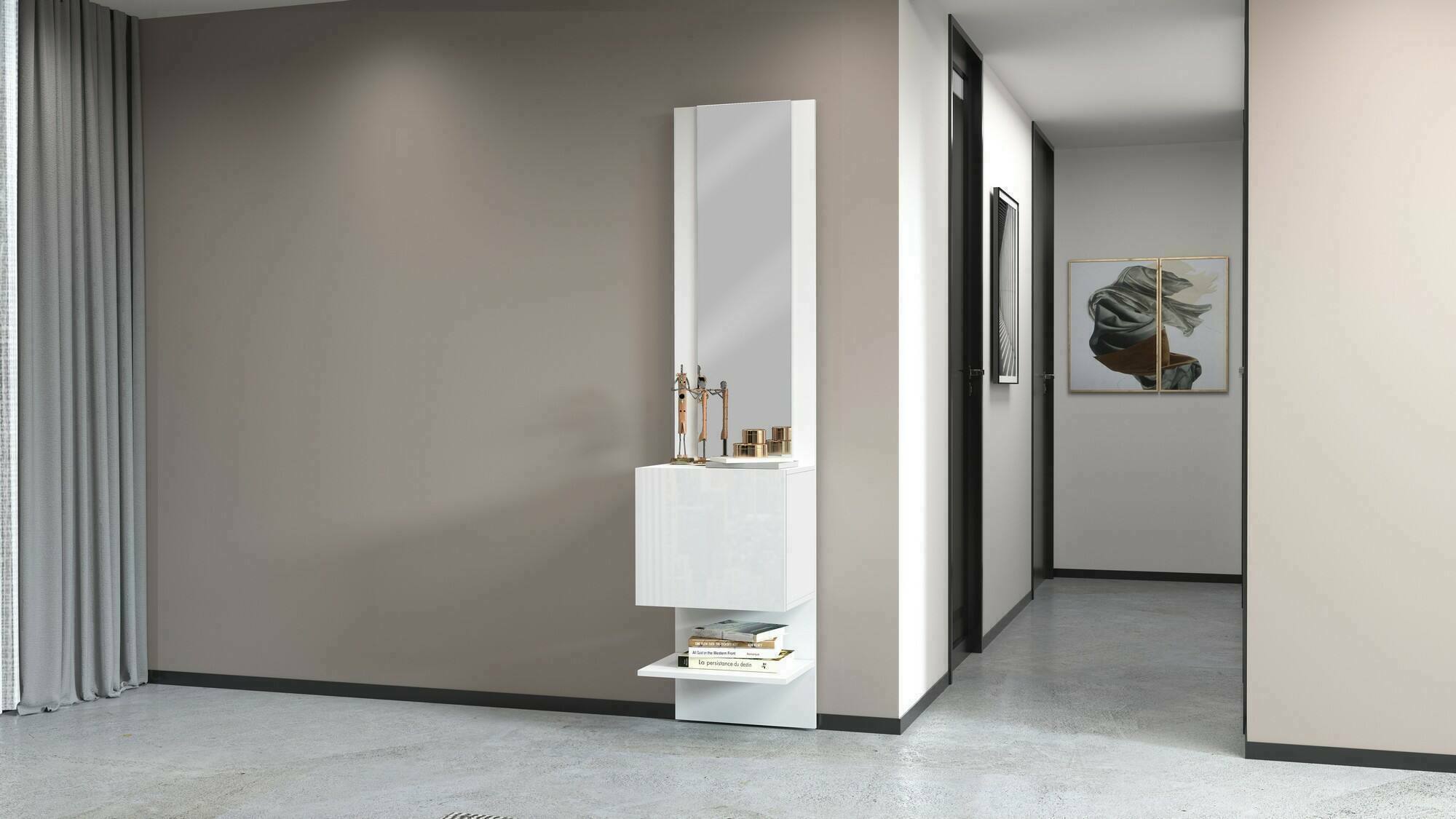 Mobile da ingresso Ivana, Armadietto multifunzione con specchio, Scarpiera a 1 anta, 45x35h190 cm, Bianco