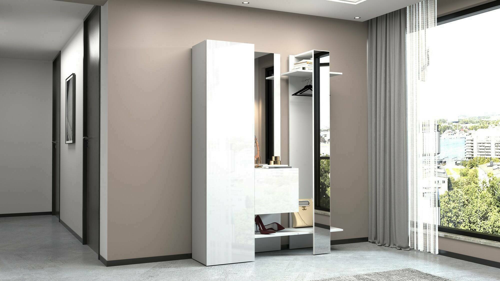 Mobile da ingresso Arabelle, Armadietto multifunzione a 2 ante, Appendiabiti da parete con 2 specchi, 140x35h190 cm, Bianco