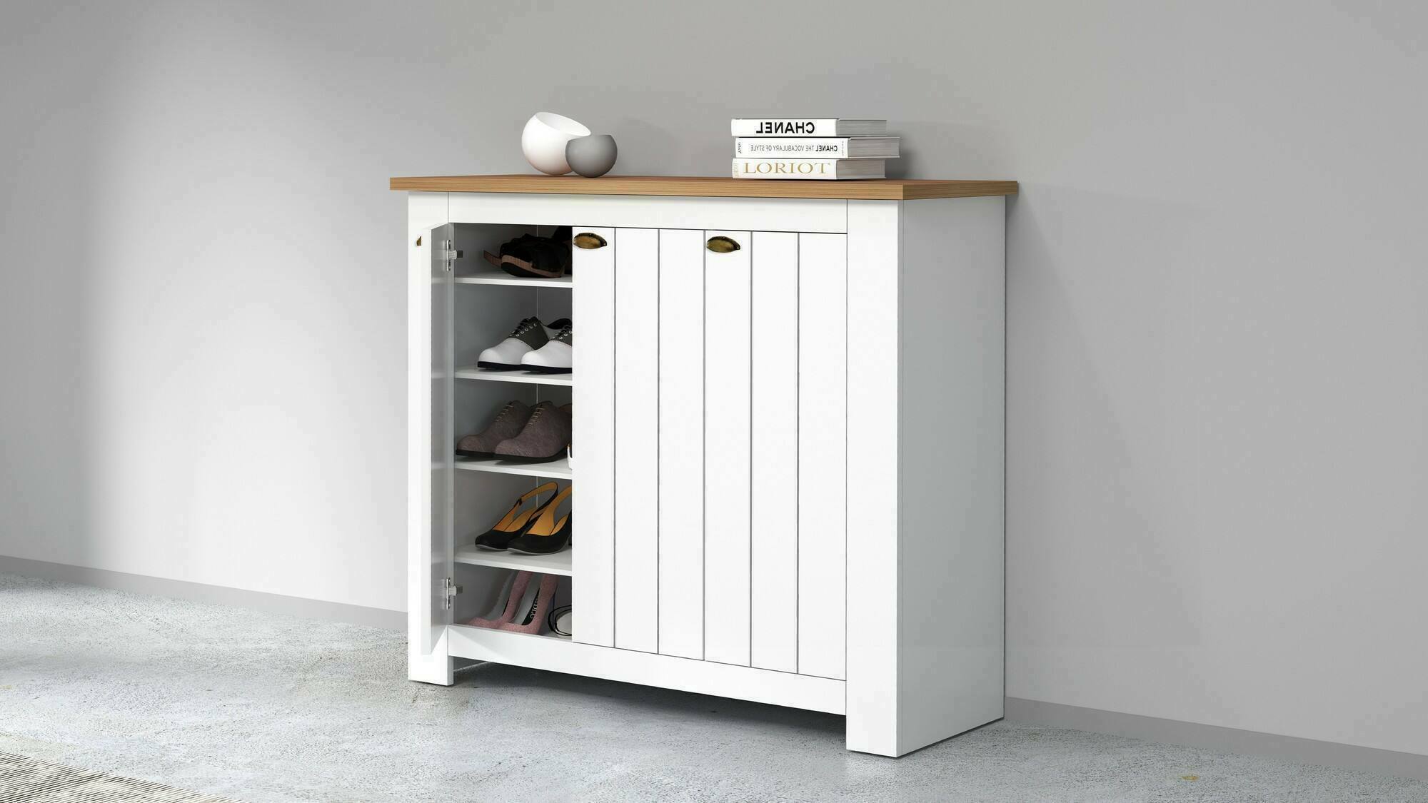 Scarpiera Seprio, Porta scarpe salvaspazio a 3 ante, Armadio multifunzione da ingresso, 114x42h100 cm, Bianco e Rovere