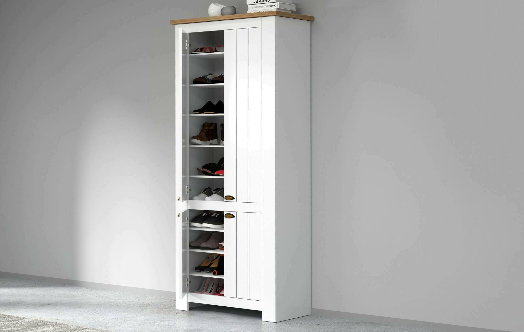 Scarpiera Shirley, Porta scarpe salvaspazio a 4 ante, Armadio multifunzione da ingresso, 84x42h200 cm, Bianco e Rovere