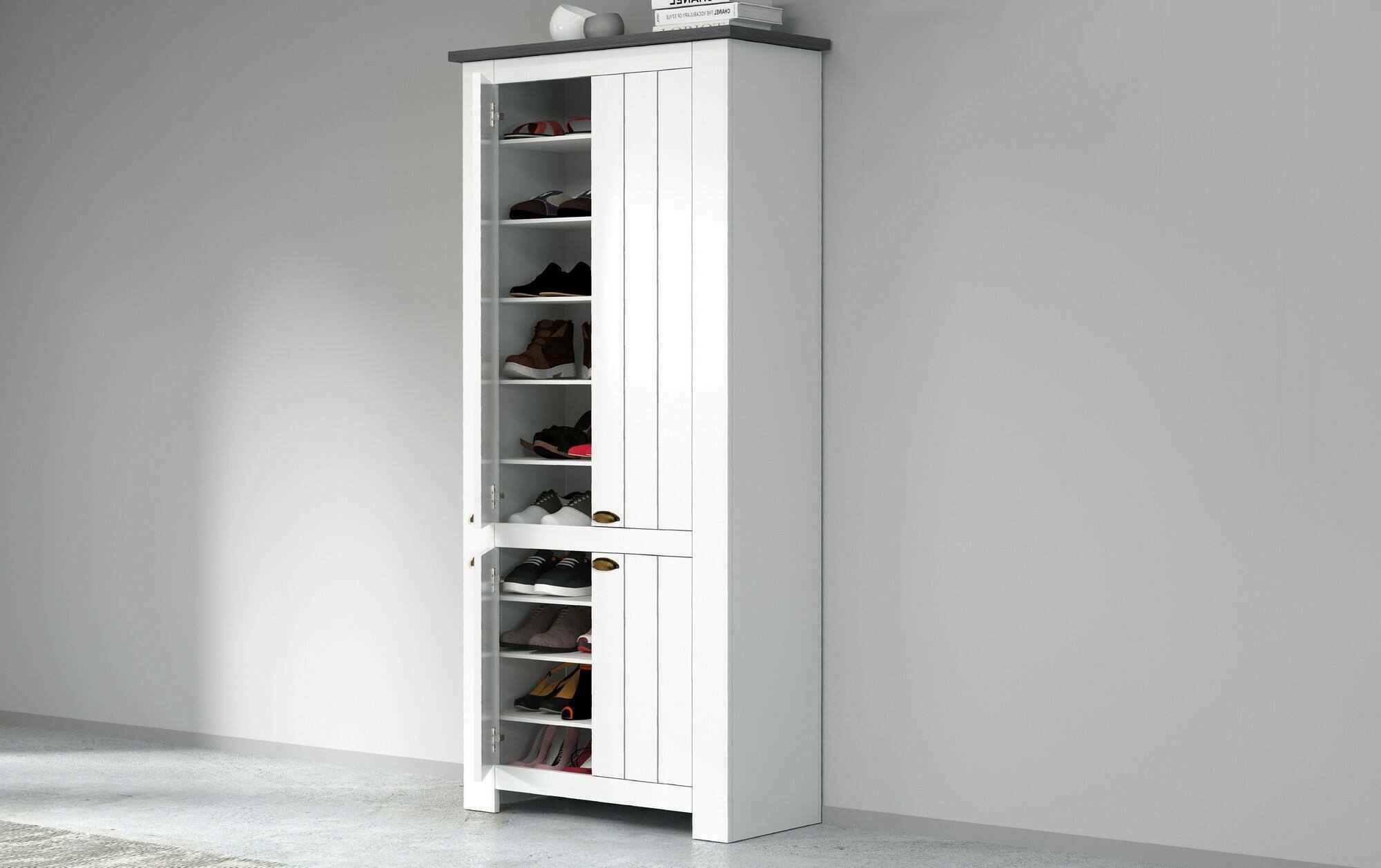 Scarpiera Shirley, Porta scarpe salvaspazio a 4 ante, Armadio multifunzione da ingresso, 84x42h200 cm, Bianco e Ardesia