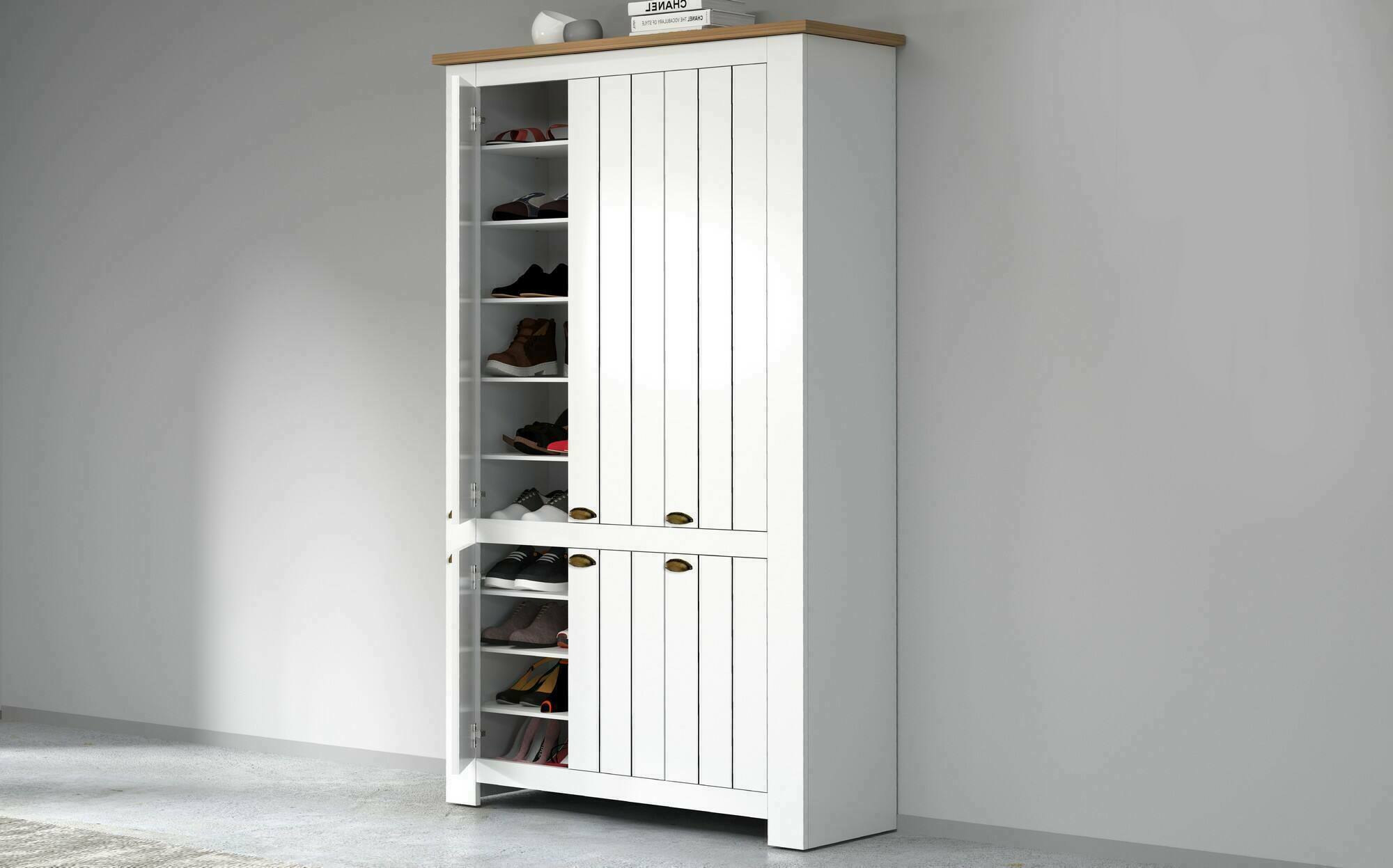 Scarpiera Apricena, Porta scarpe salvaspazio a 6 ante, Armadio multifunzione da ingresso, 114x42h200 cm, Bianco e Rovere