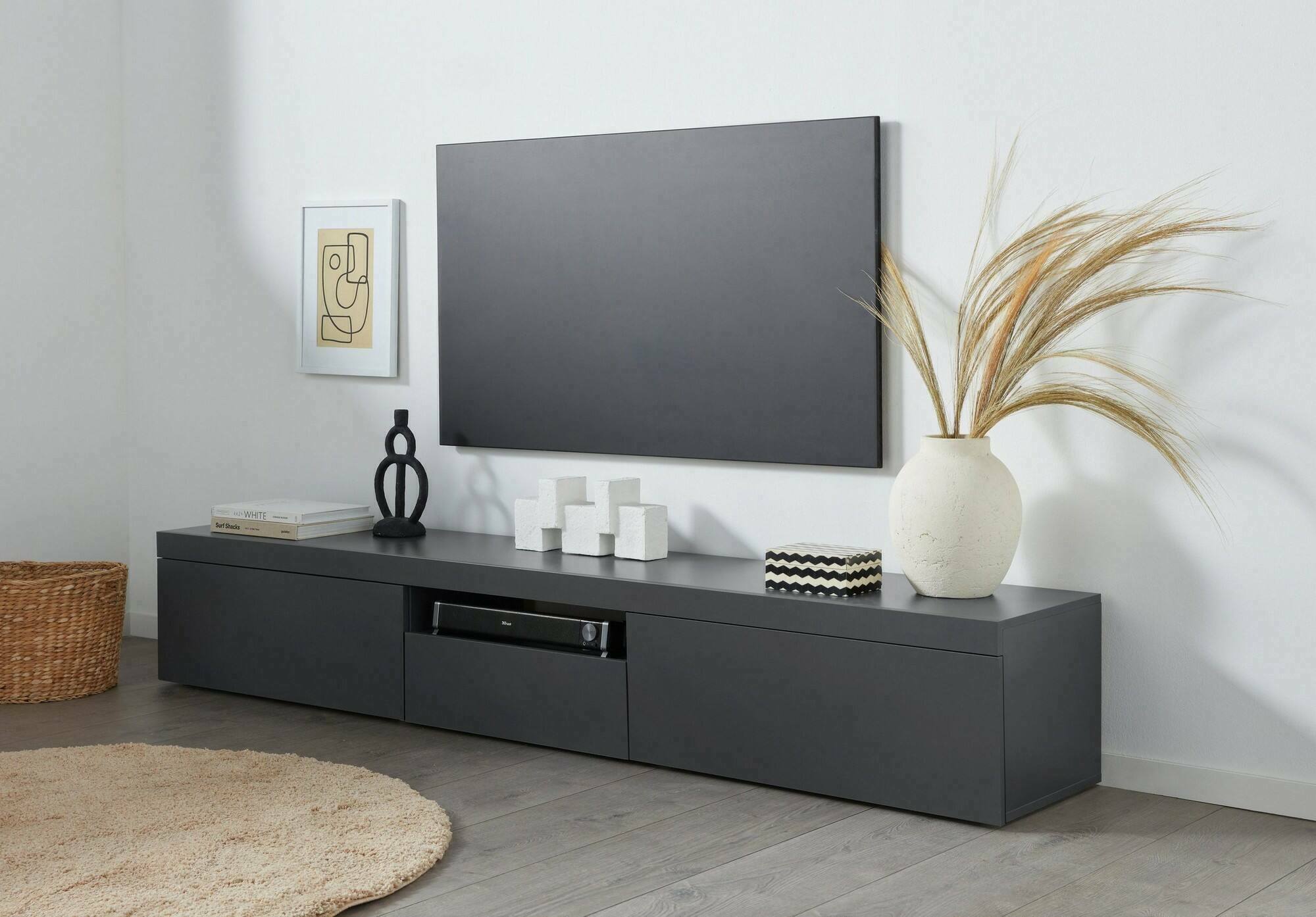 Mobile porta TV Annett, Credenza bassa da soggiorno a 3 ante, Base porta TV, 220x40h35 cm, Antracite