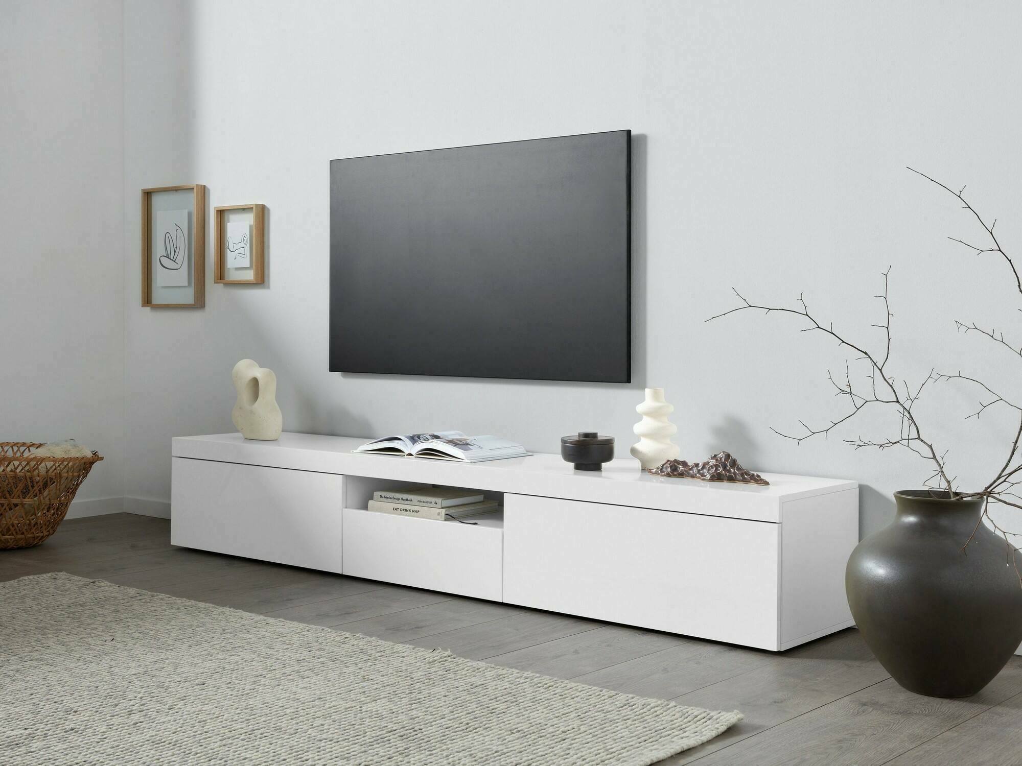 Mobile porta TV Annett, Credenza bassa da soggiorno a 3 ante, Base porta TV, 220x40h35 cm, Bianco lucido
